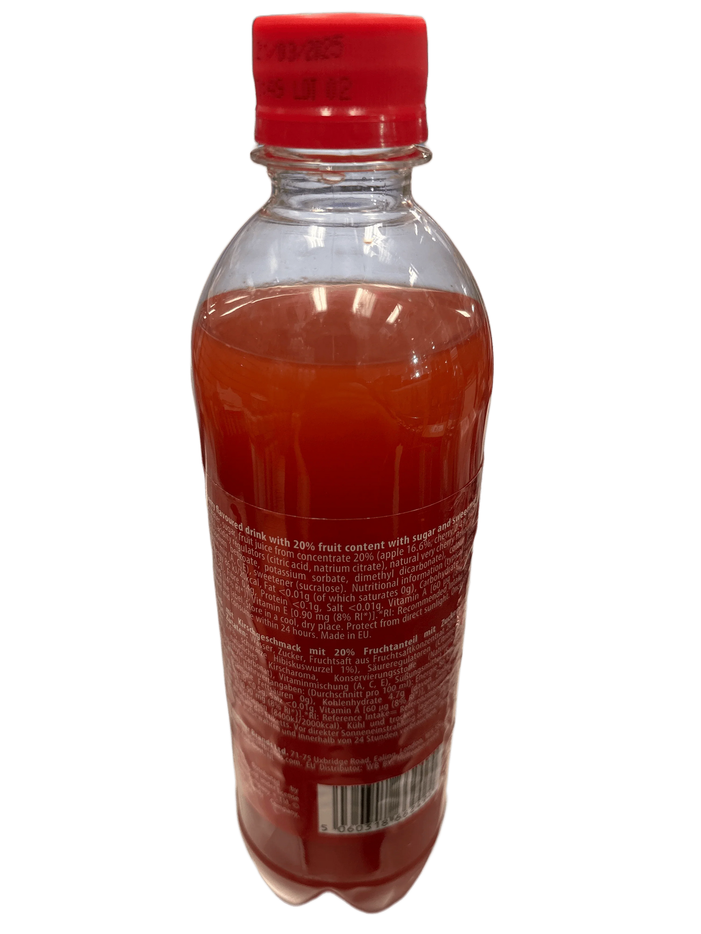 Imported exotic red fruit drink in clear plastic bottle with red cap and label text