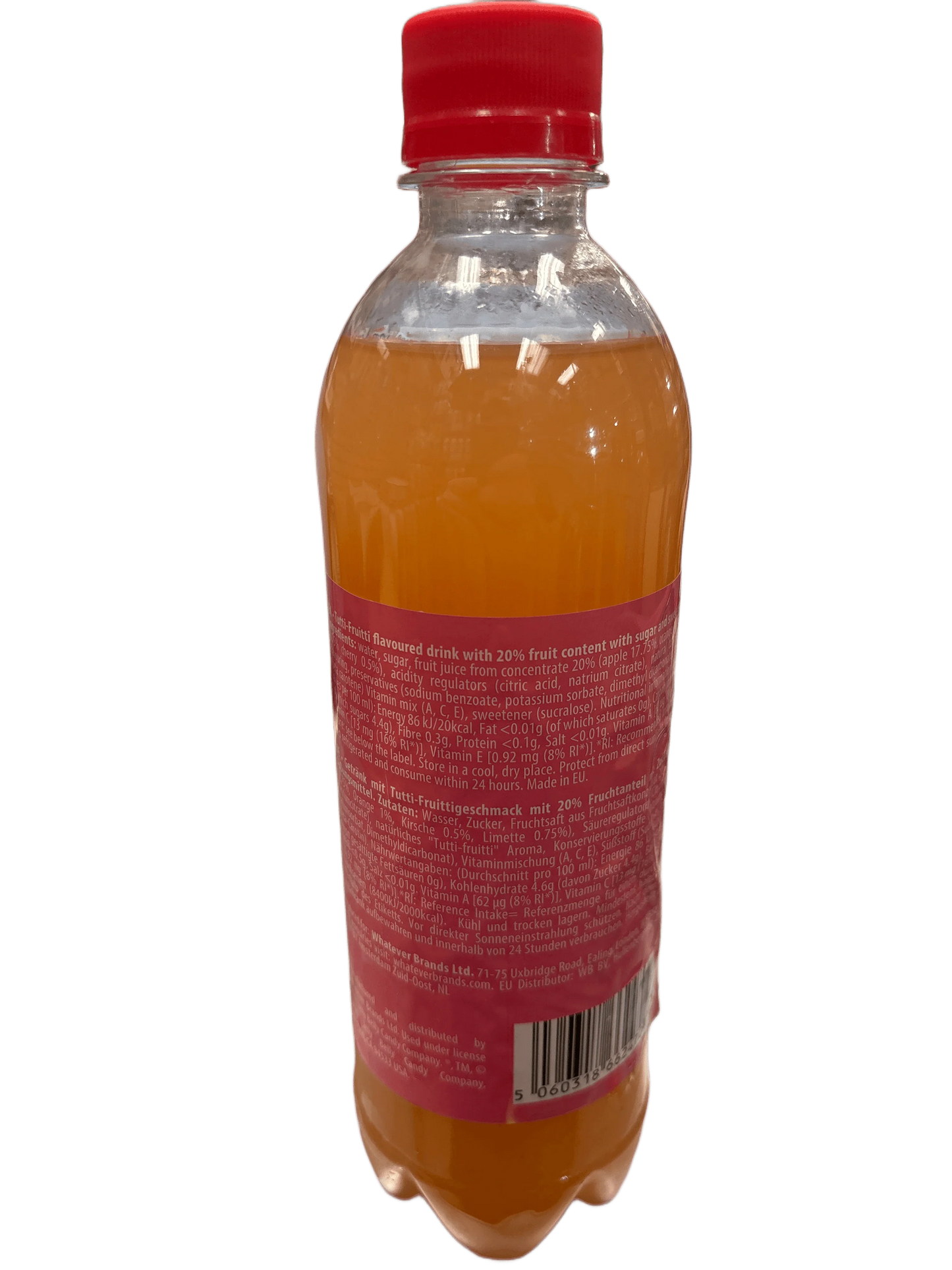 Orange exotic fruit drink in clear plastic bottle with red cap and label, imported beverage