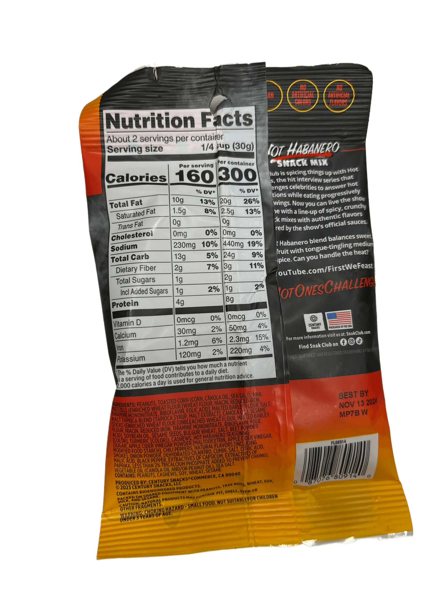 Hot habanero snack mix bag with nutrition facts and ingredients label