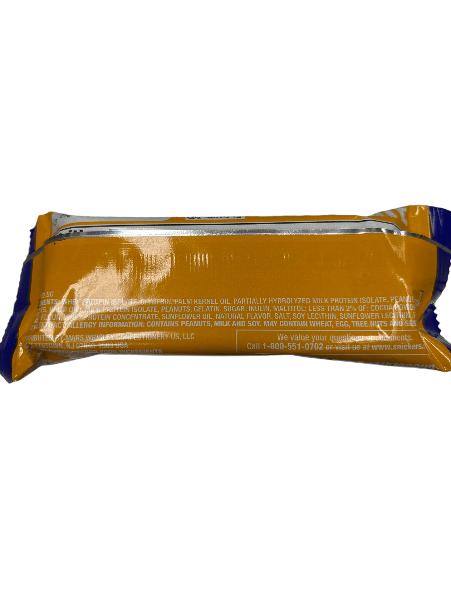 Back of a yellow candy bar packaging showing nutrition and ingredient details