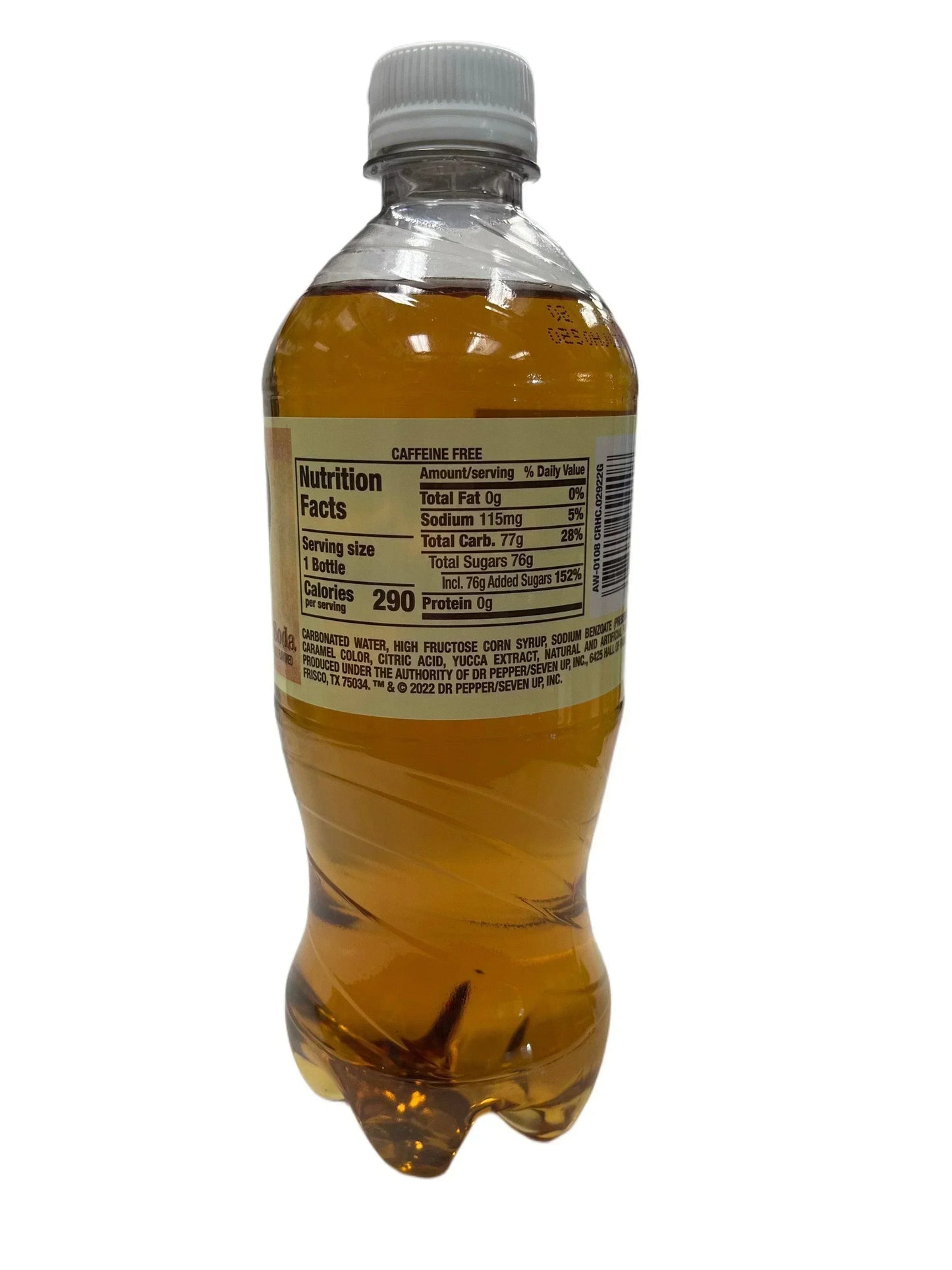 Clear plastic bottle of imported soft drink with nutrition facts label, exotic snack beverage
