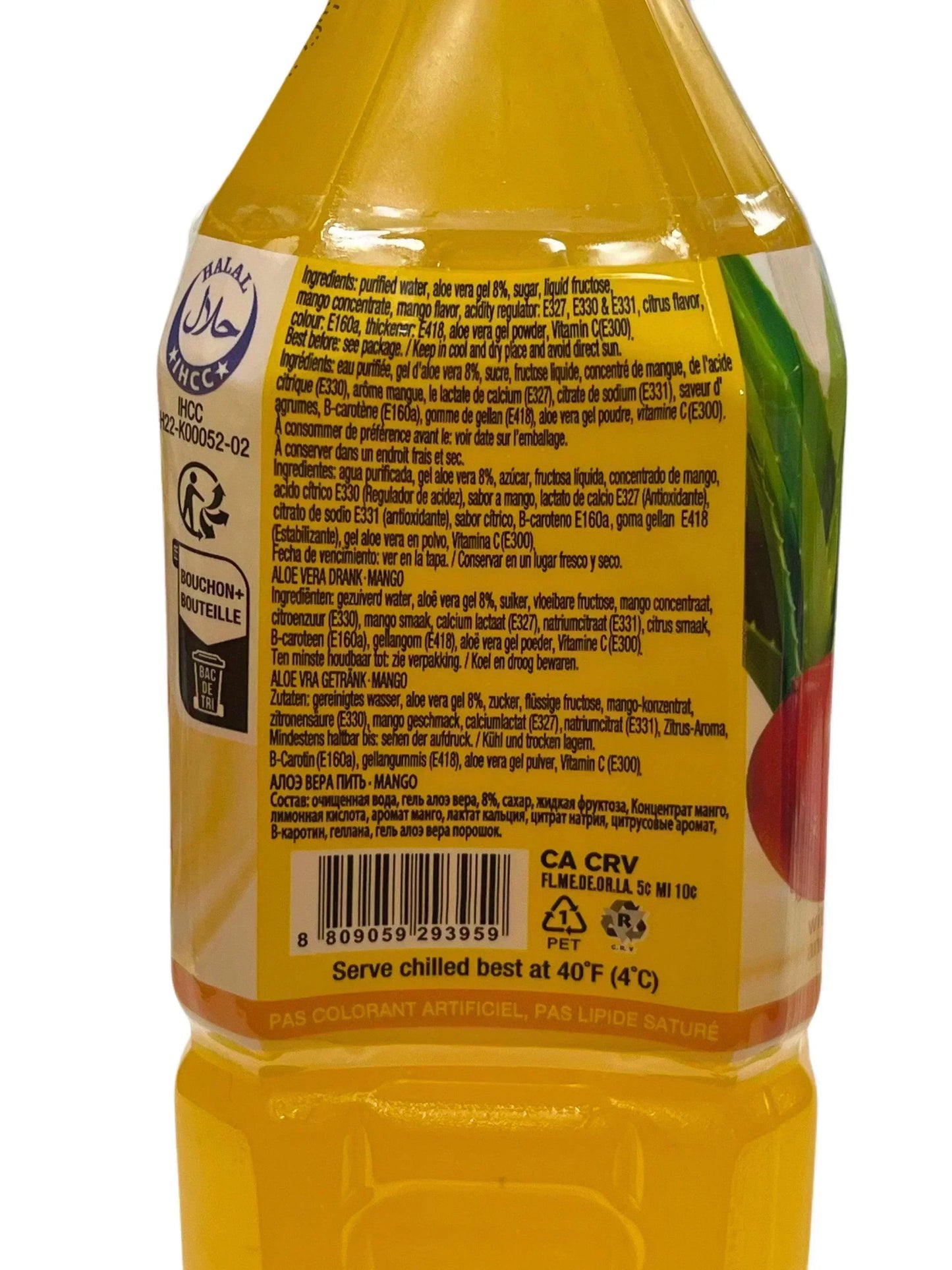 Back label of mango aloe vera drink bottle with ingredients and nutrition information