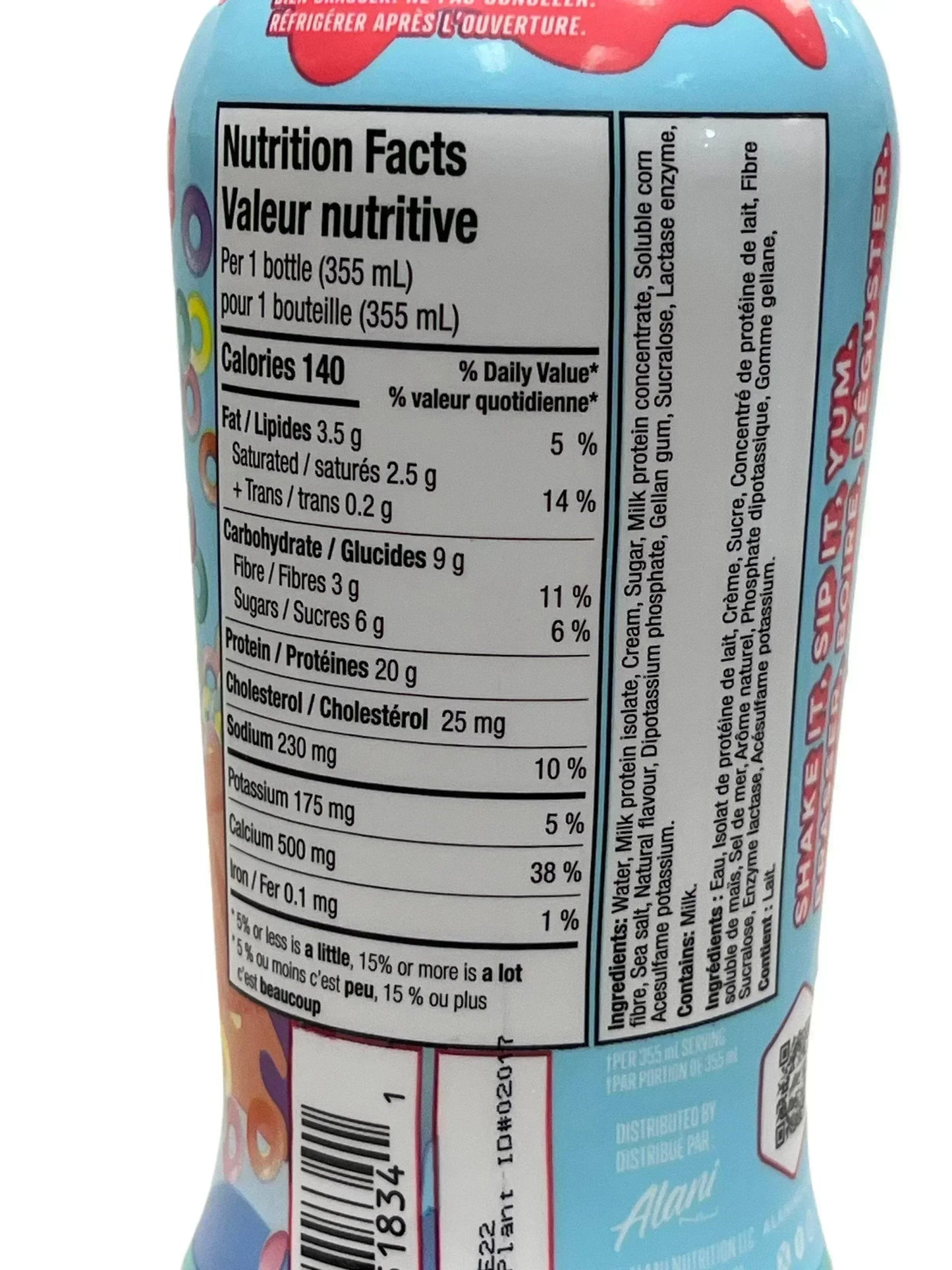Nutrition facts label on a colorful exotic drink bottle, 355 mL, imported snack beverage