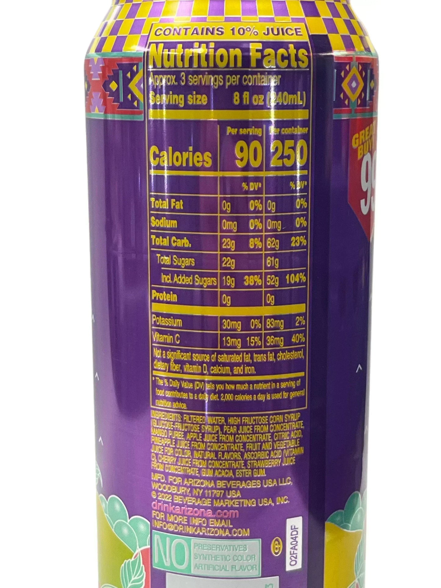 Close-up of canned exotic fruity drink nutrition facts and ingredients label