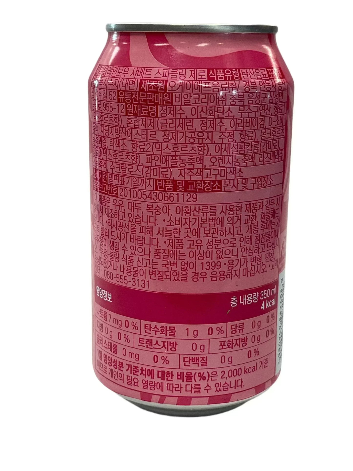 Korean pink soda can with nutritional information and product details on back label