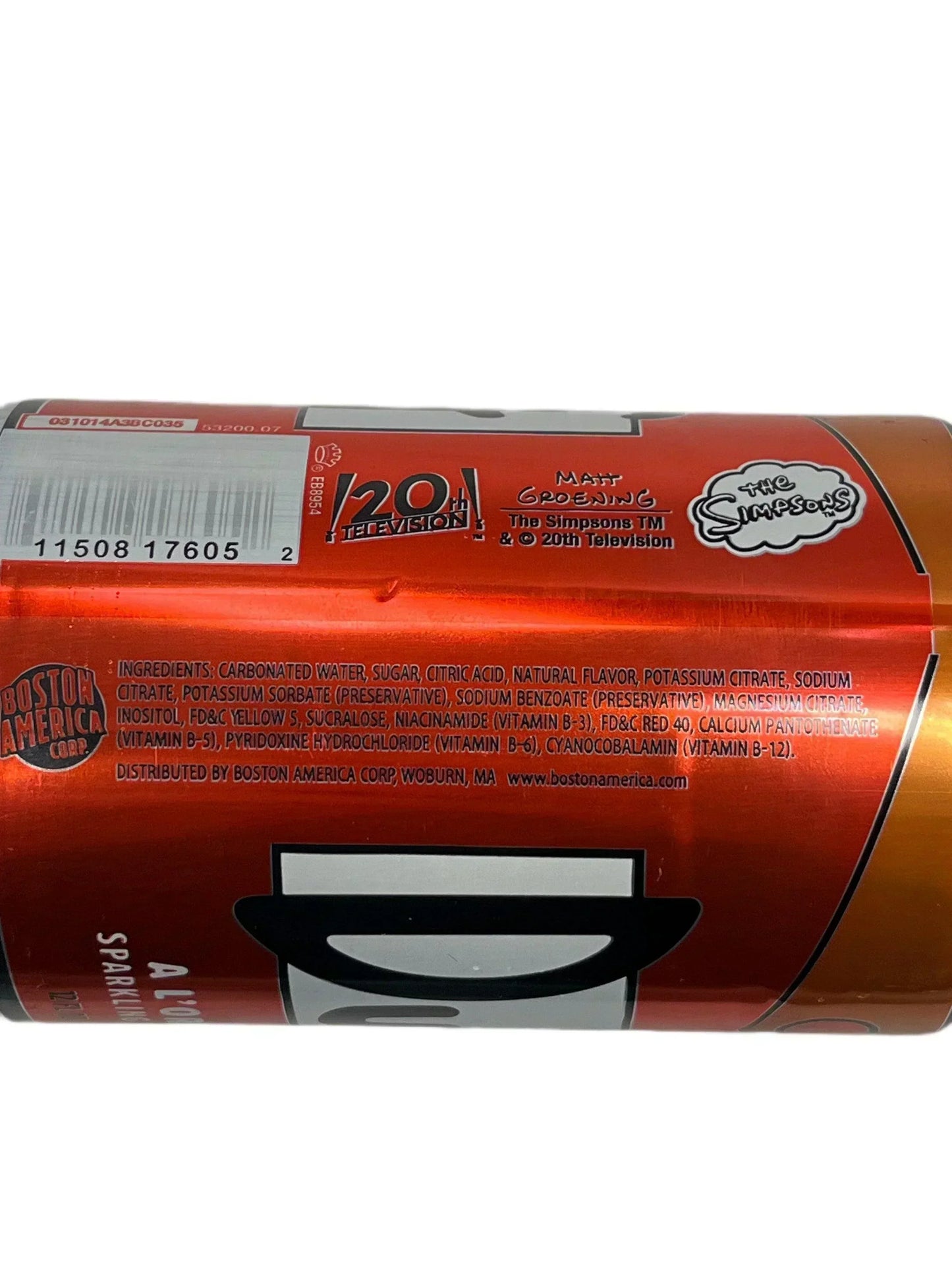 Closeup of The Simpsons novelty soda can with ingredients label, imported exotic drink.