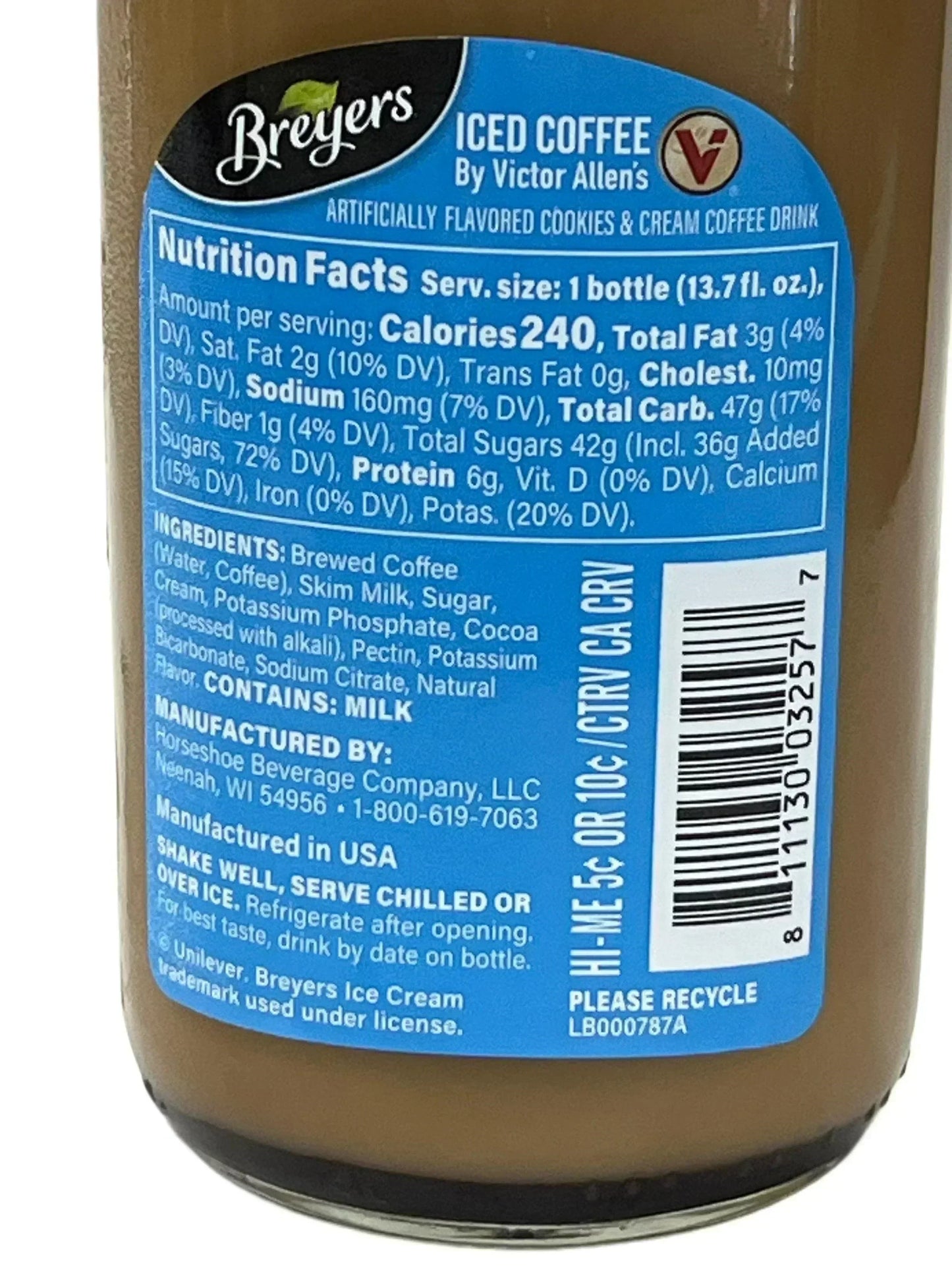 Breyers iced coffee cookies and cream drink nutrition facts and ingredients label
