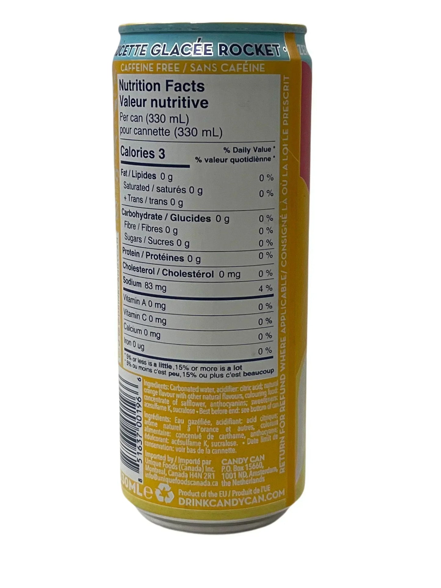 Back view of exotic soda can showing nutrition facts and ingredients.
