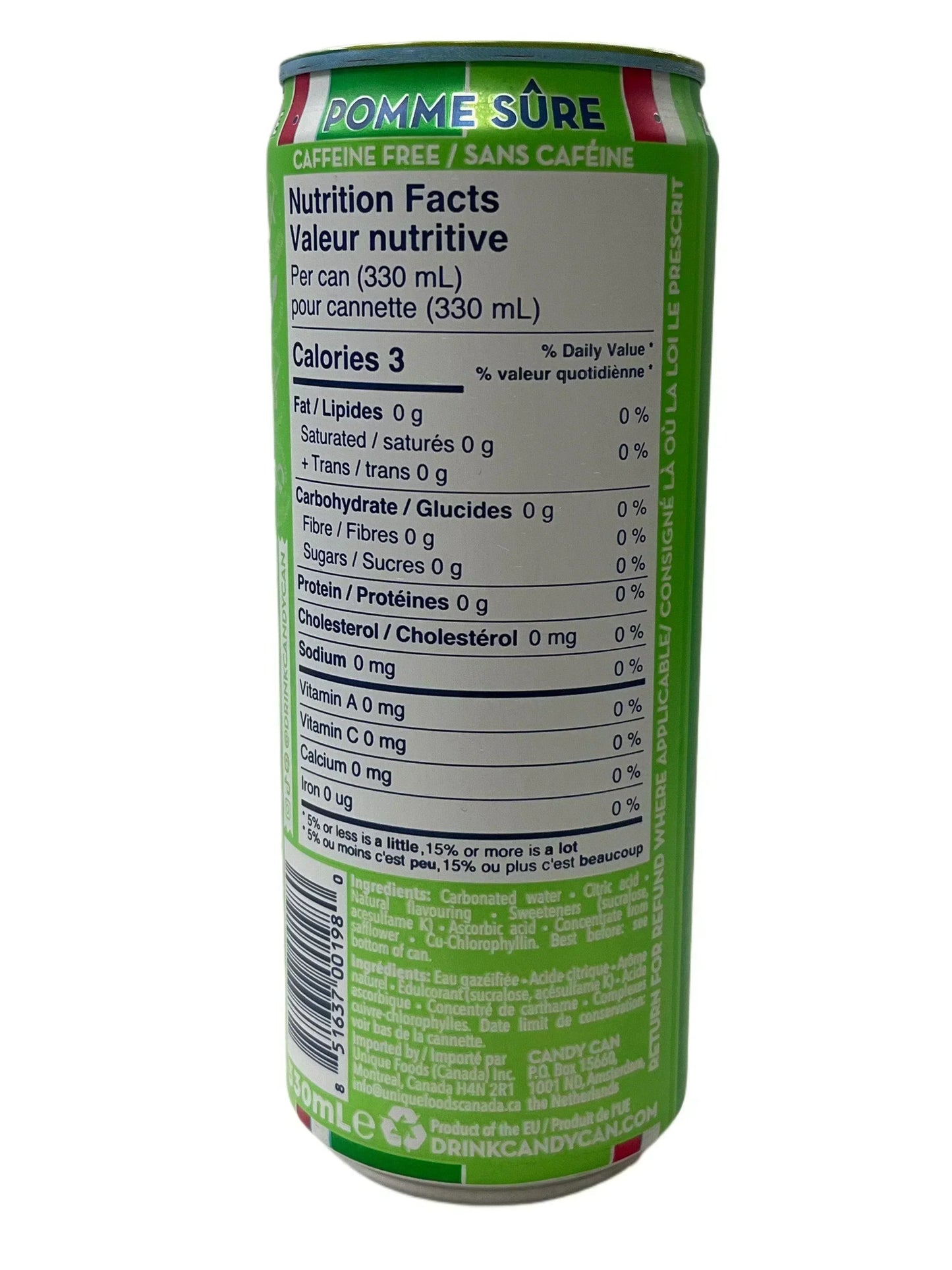 Back of a green apple soda can showing nutrition facts, ingredients, and caffeine free label