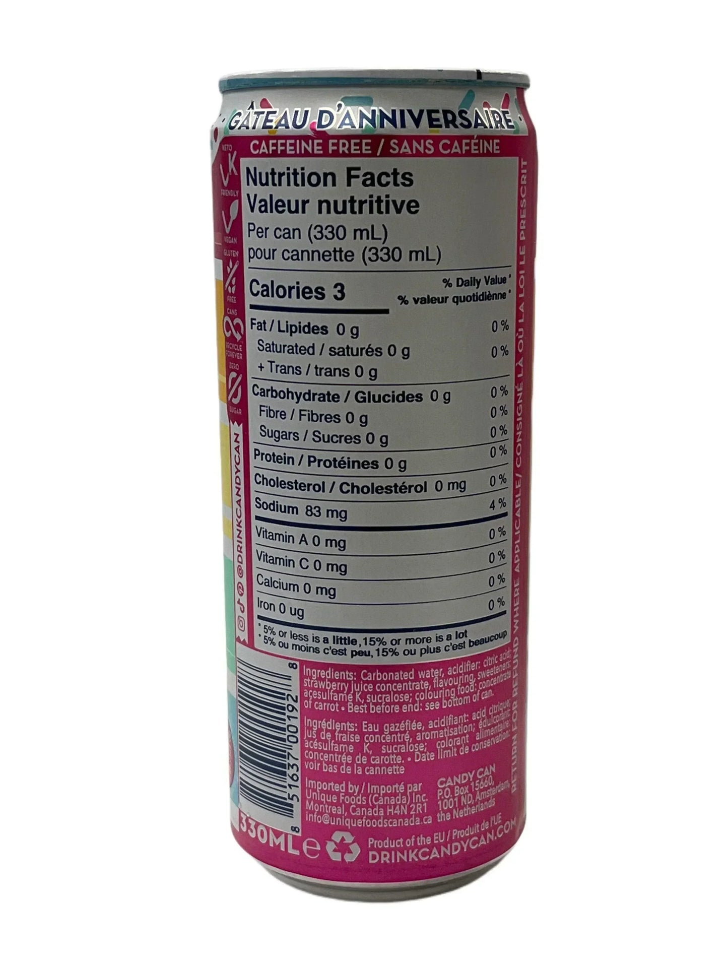 Back of a pink soda can showing nutrition facts, ingredients, and caffeine free label.