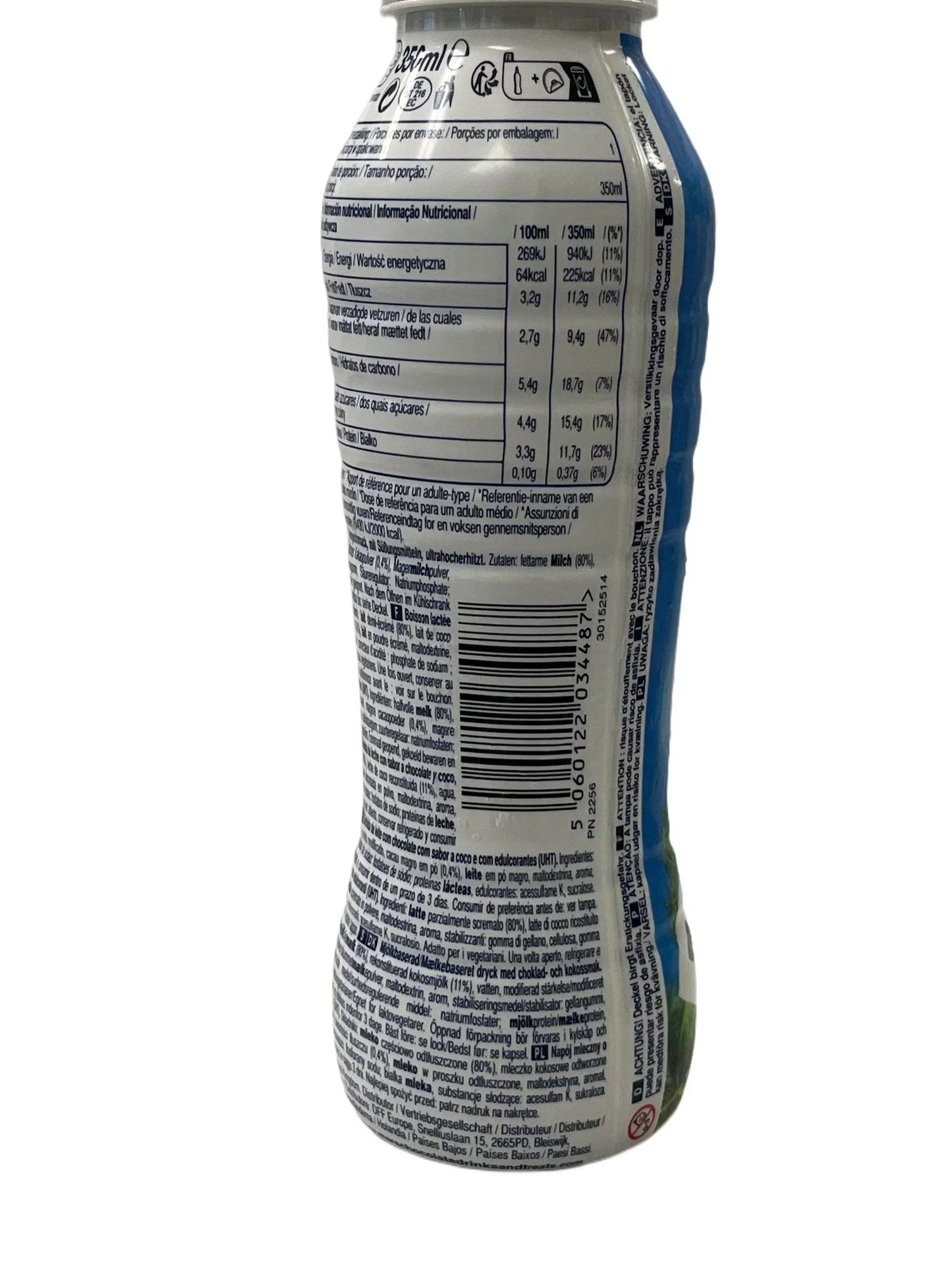 Back view of imported flavored drink bottle showing nutrition facts and ingredients label