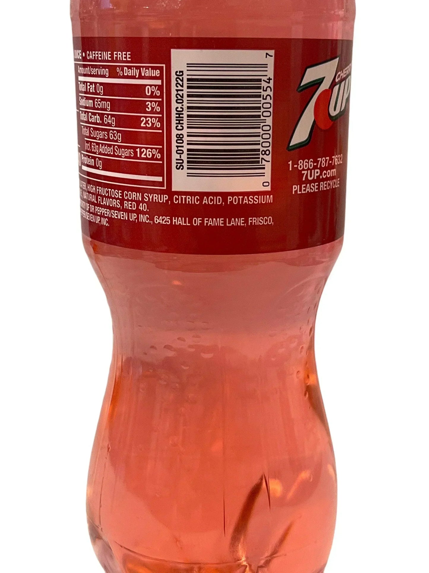 Cherry 7UP soda bottle showing nutrition facts and bright red exotic drink