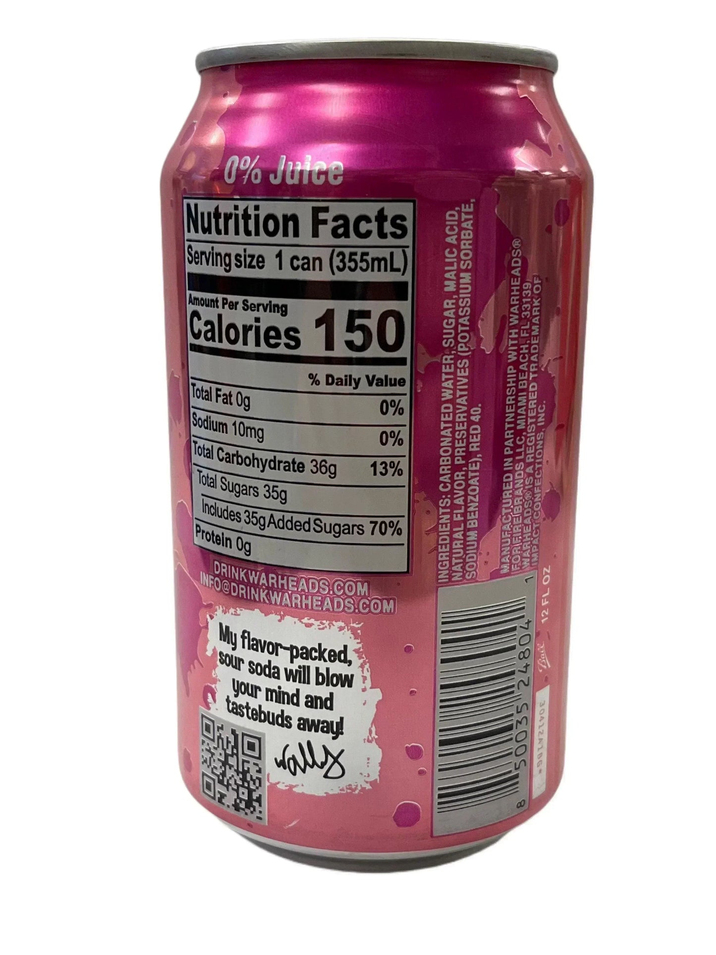 Back of a pink soda can showing nutrition facts, barcode, and sour flavor description