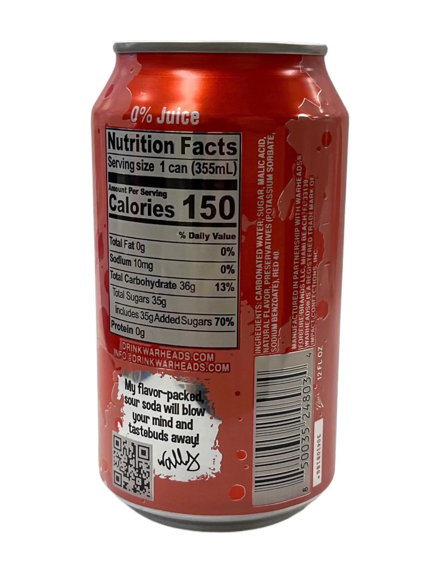 Back of a red sour soda can with nutrition facts and bold text, extreme exotic drink.