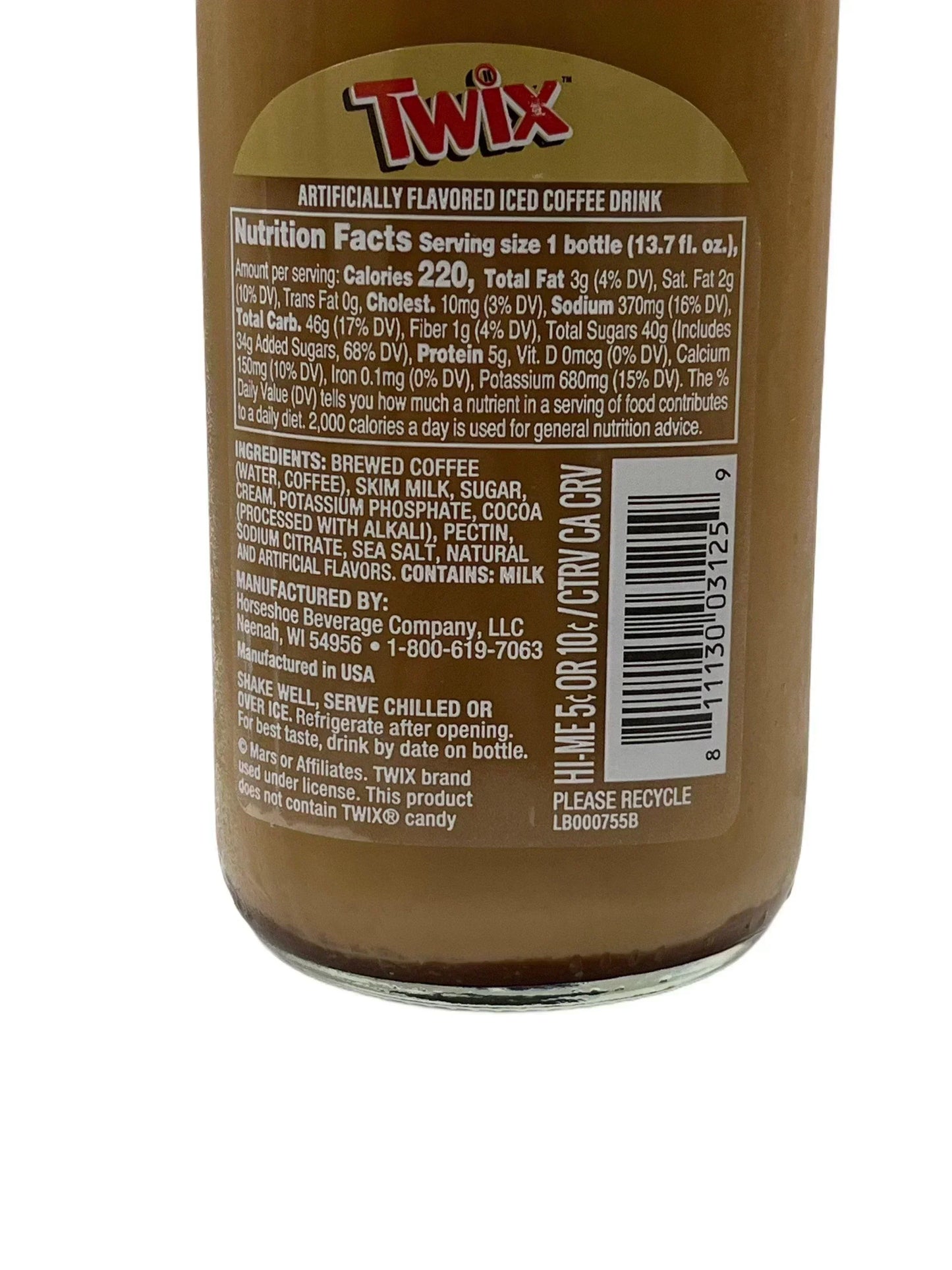 Twix iced coffee drink bottle label with nutrition facts and ingredients list