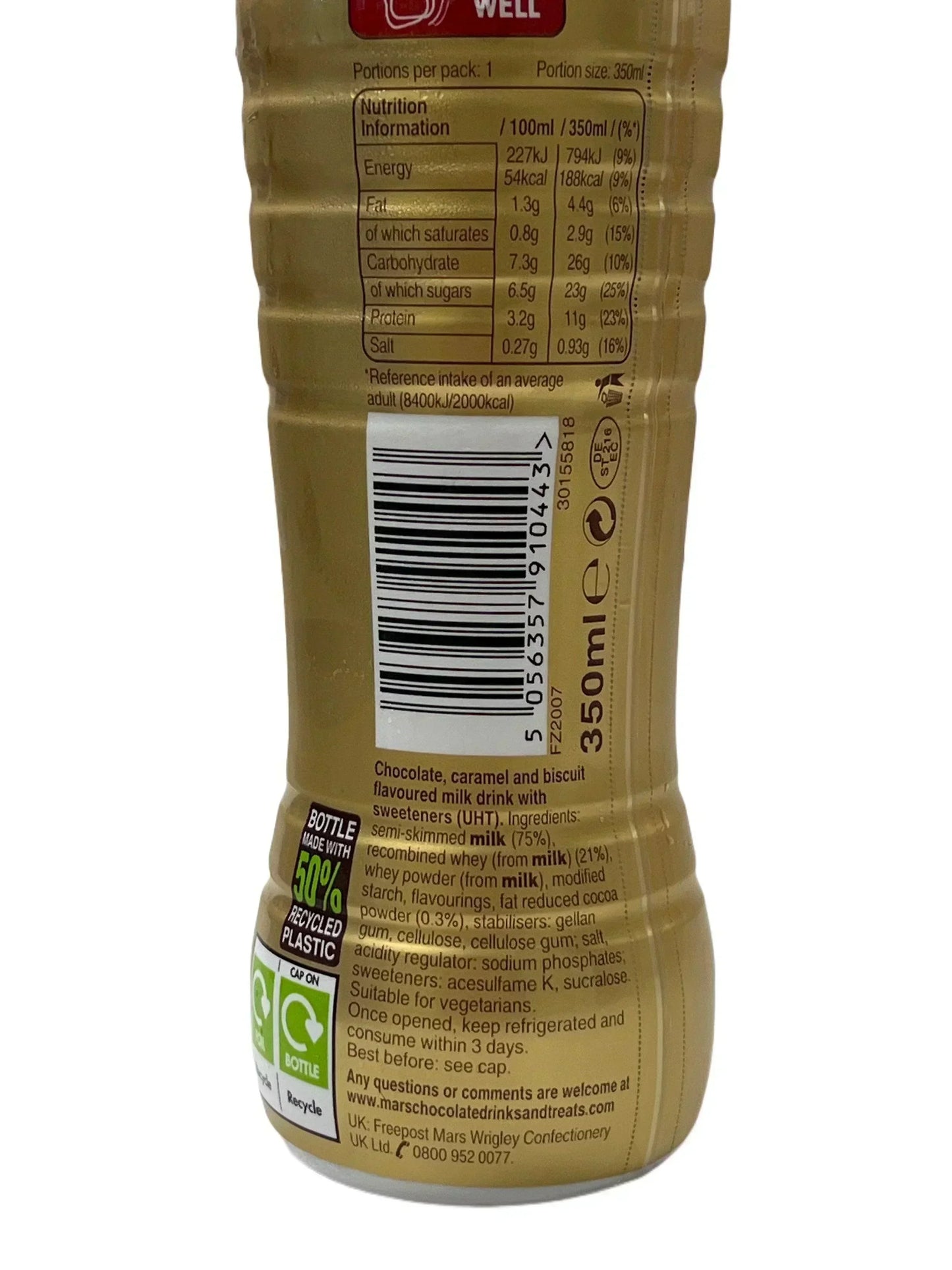 Back of a chocolate caramel biscuit flavored milk drink bottle, showing nutrition info