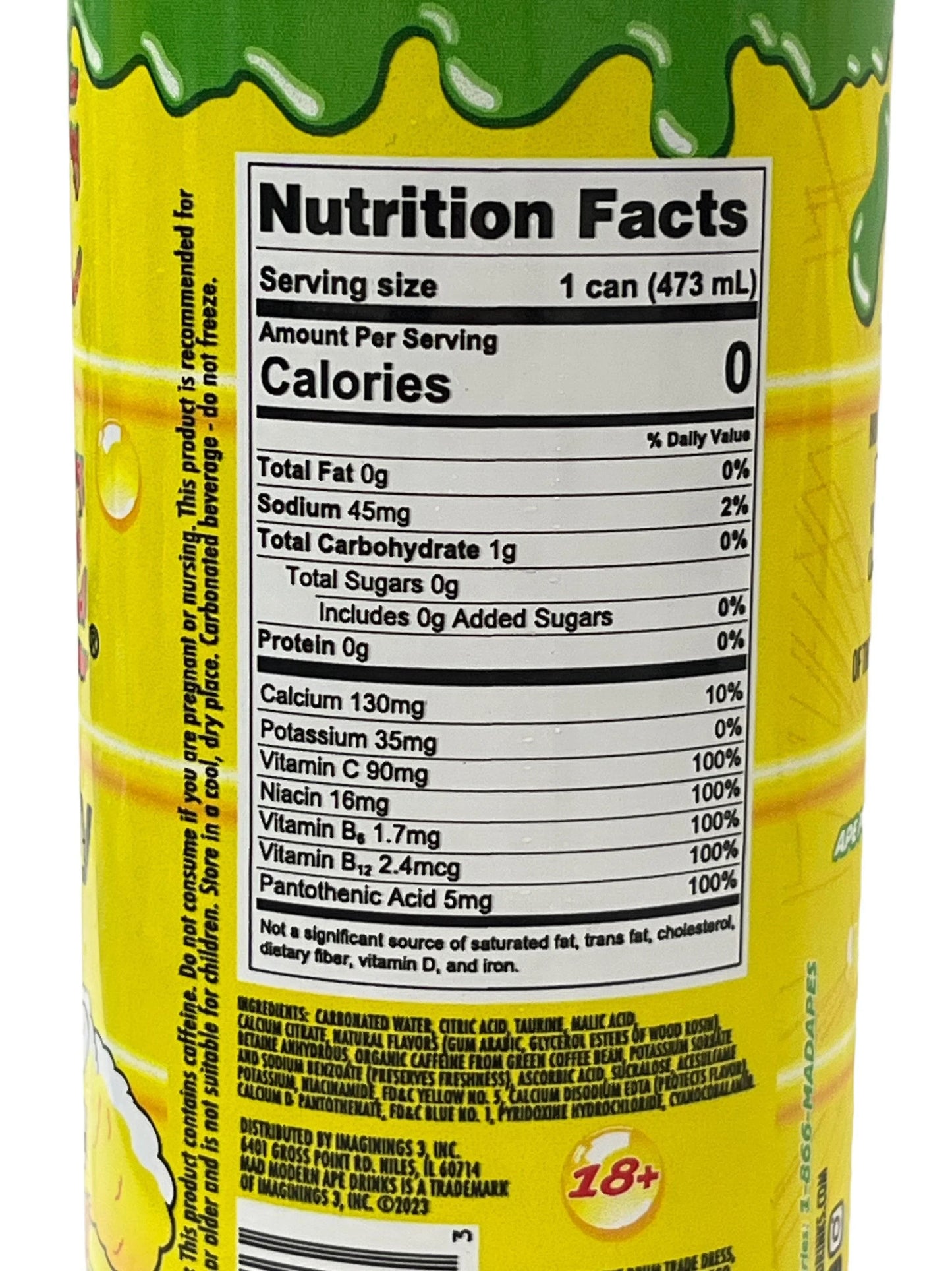 Close-up of yellow drink can nutrition facts label, highlighting zero calories and vitamins