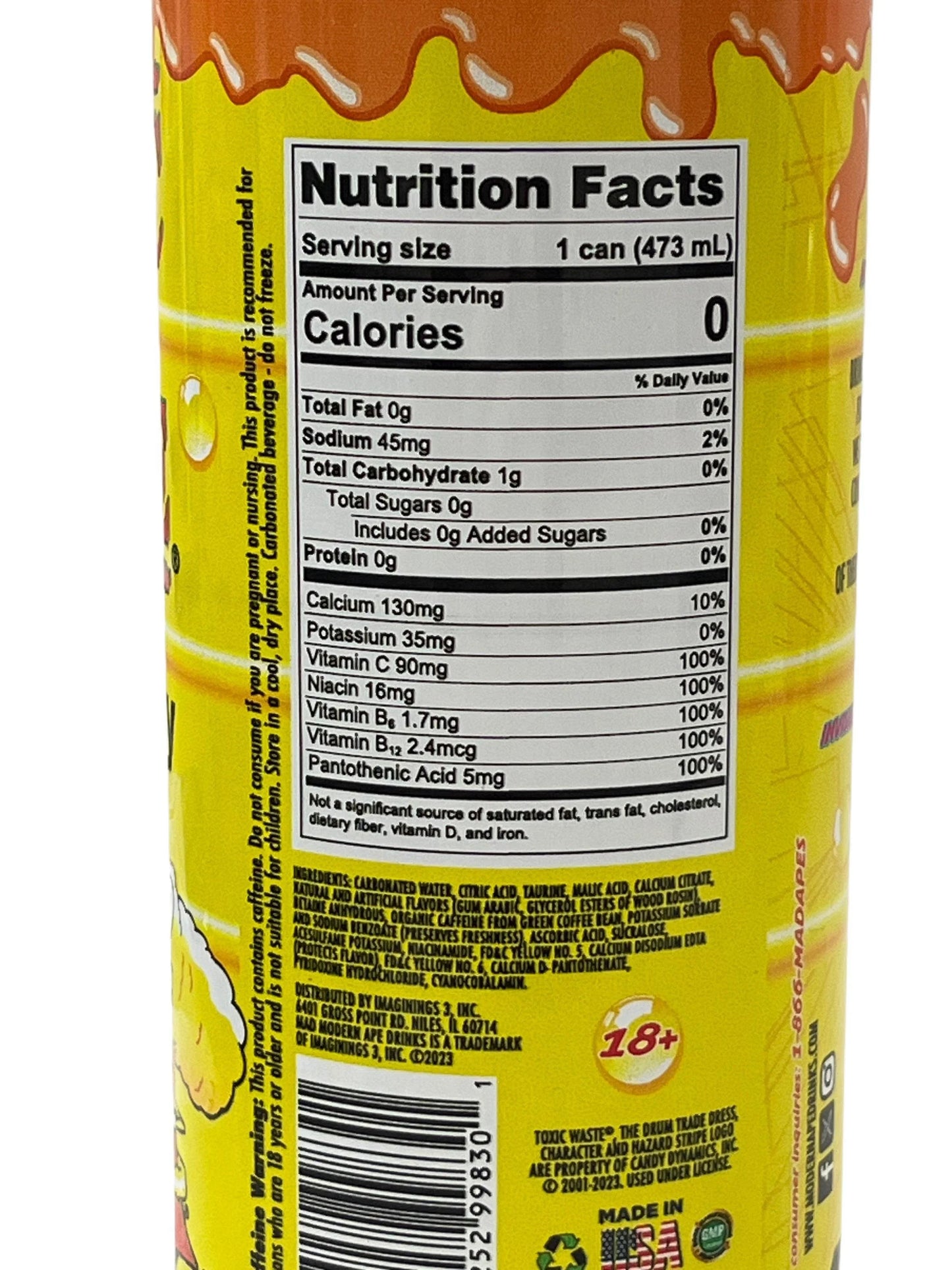 Nutrition facts label on a canned exotic drink, yellow background, zero calories, imported snack