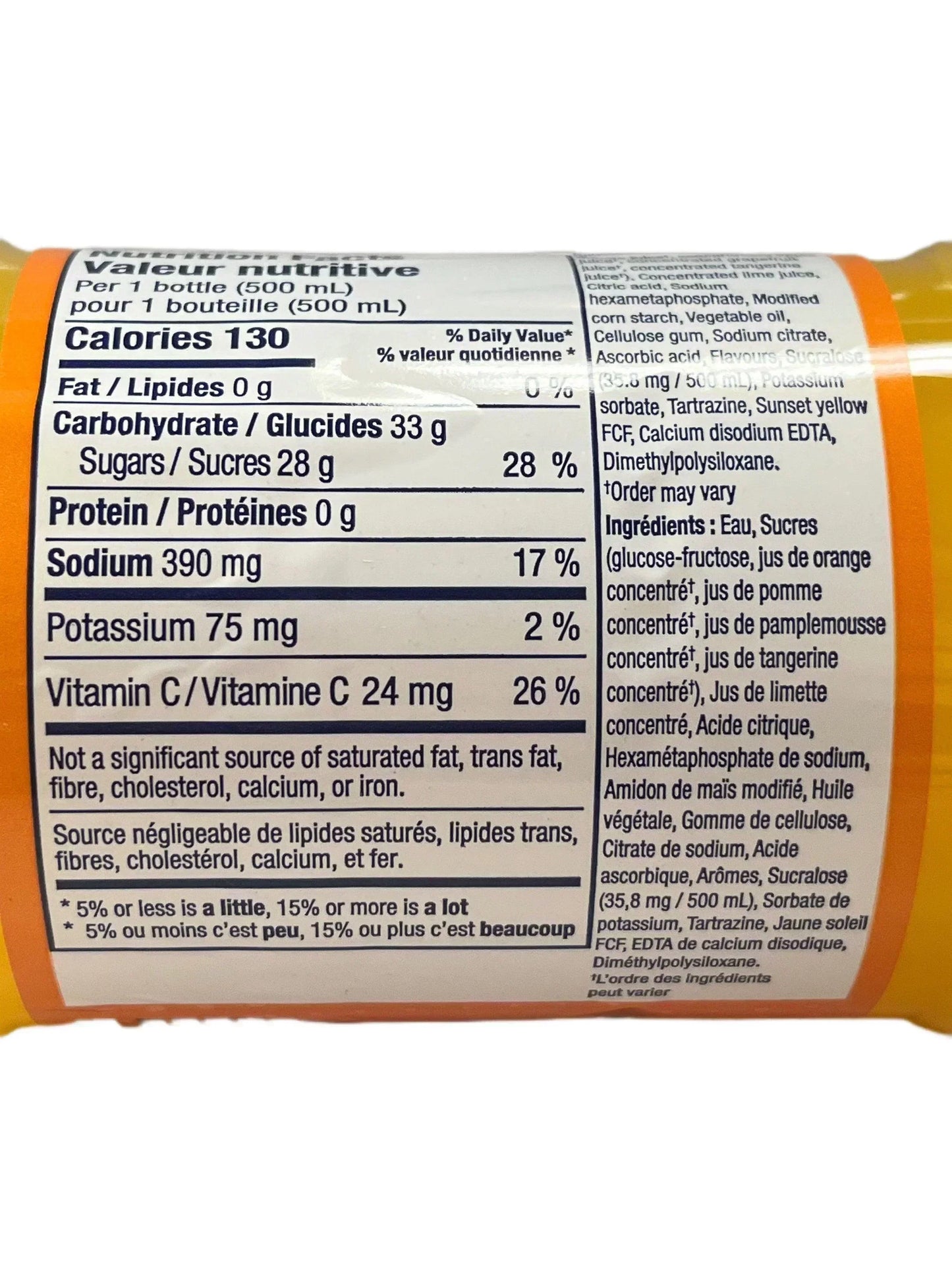 Close-up of exotic drink nutrition facts label, highlighting calories, sugar, and ingredients.