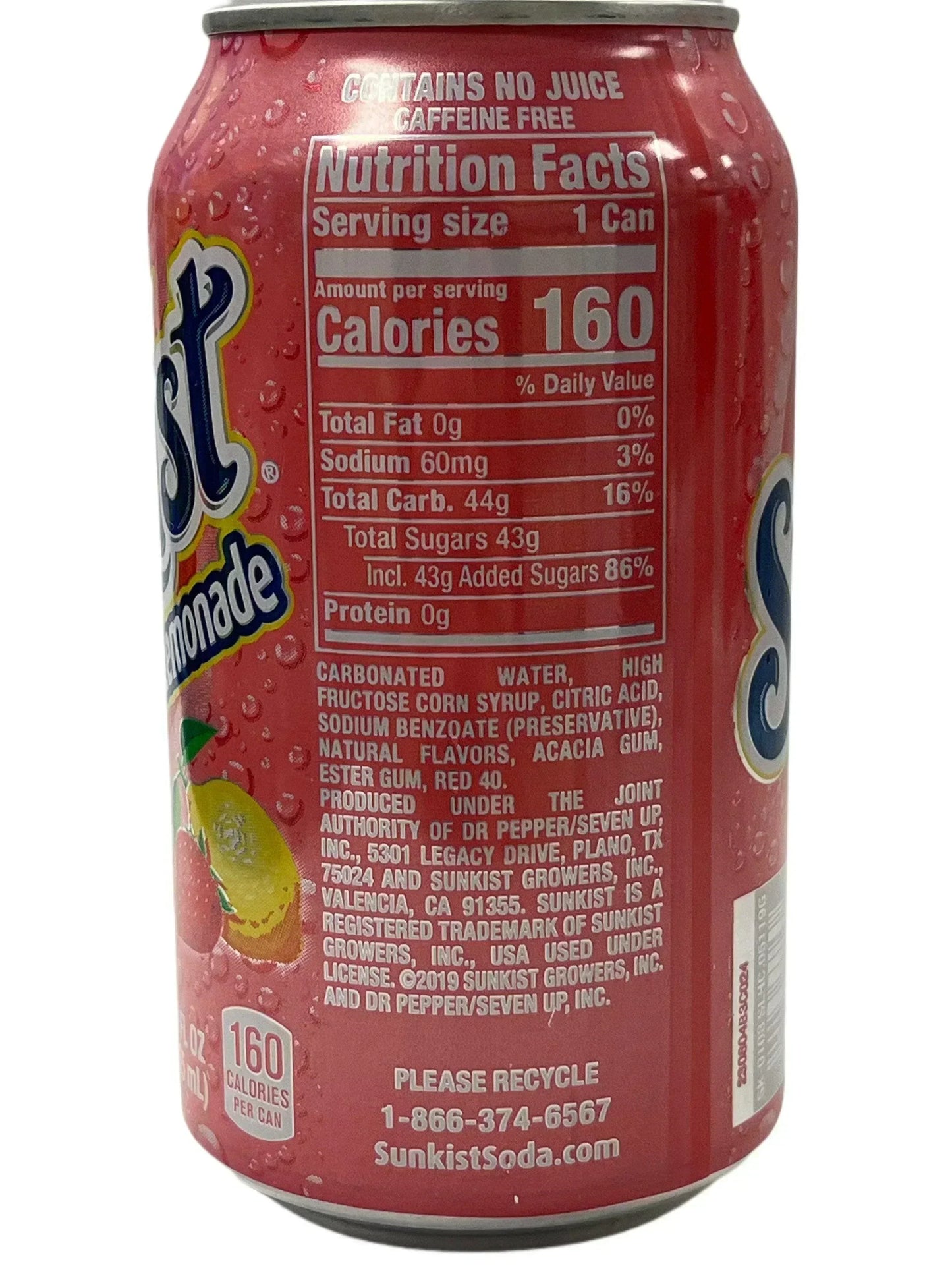 Close-up of pink lemonade soda can with nutrition facts and ingredients label, imported drink