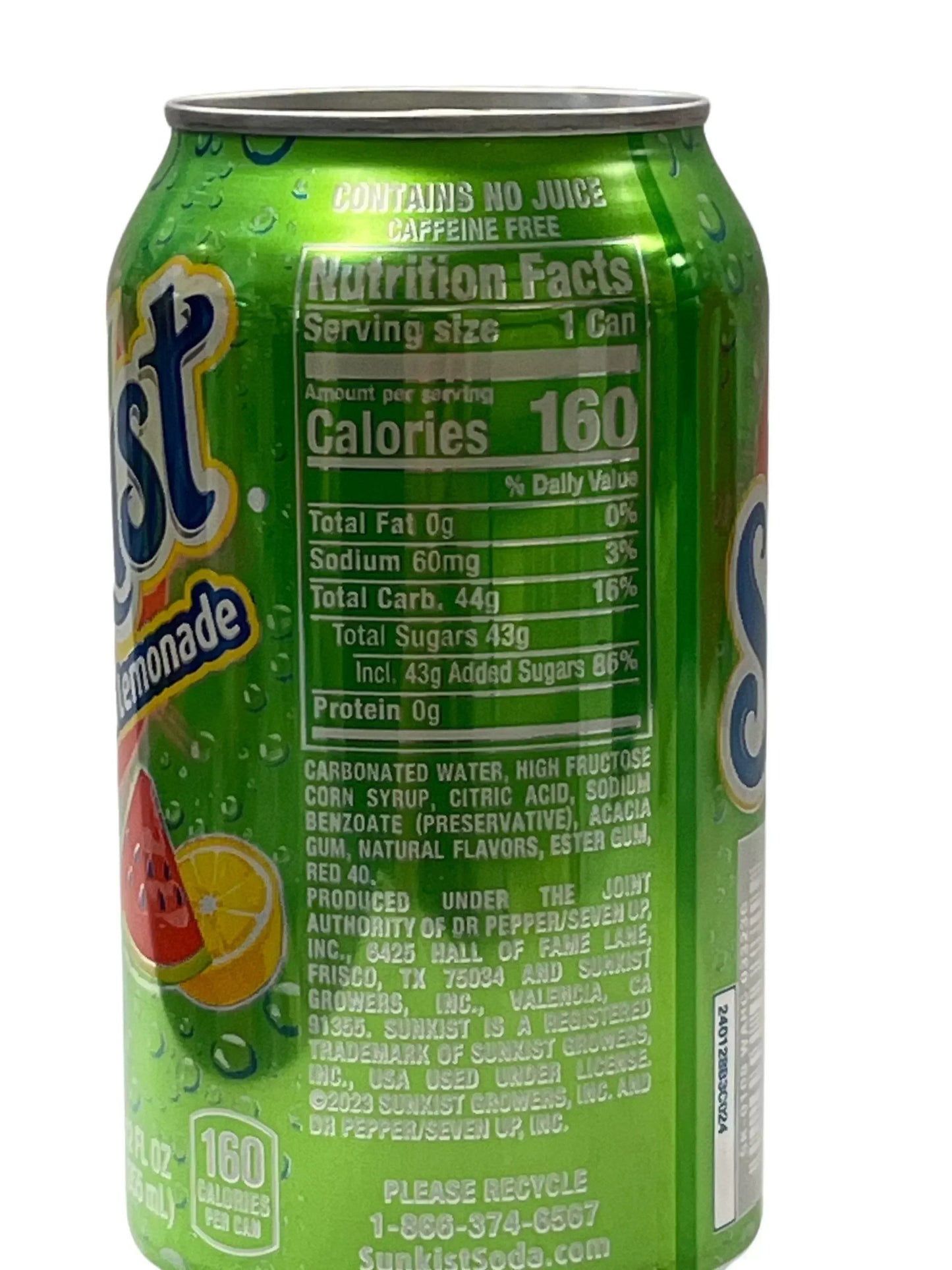 Sunkist Watermelon Lemonade soda can showing nutrition facts and colorful fruit graphics