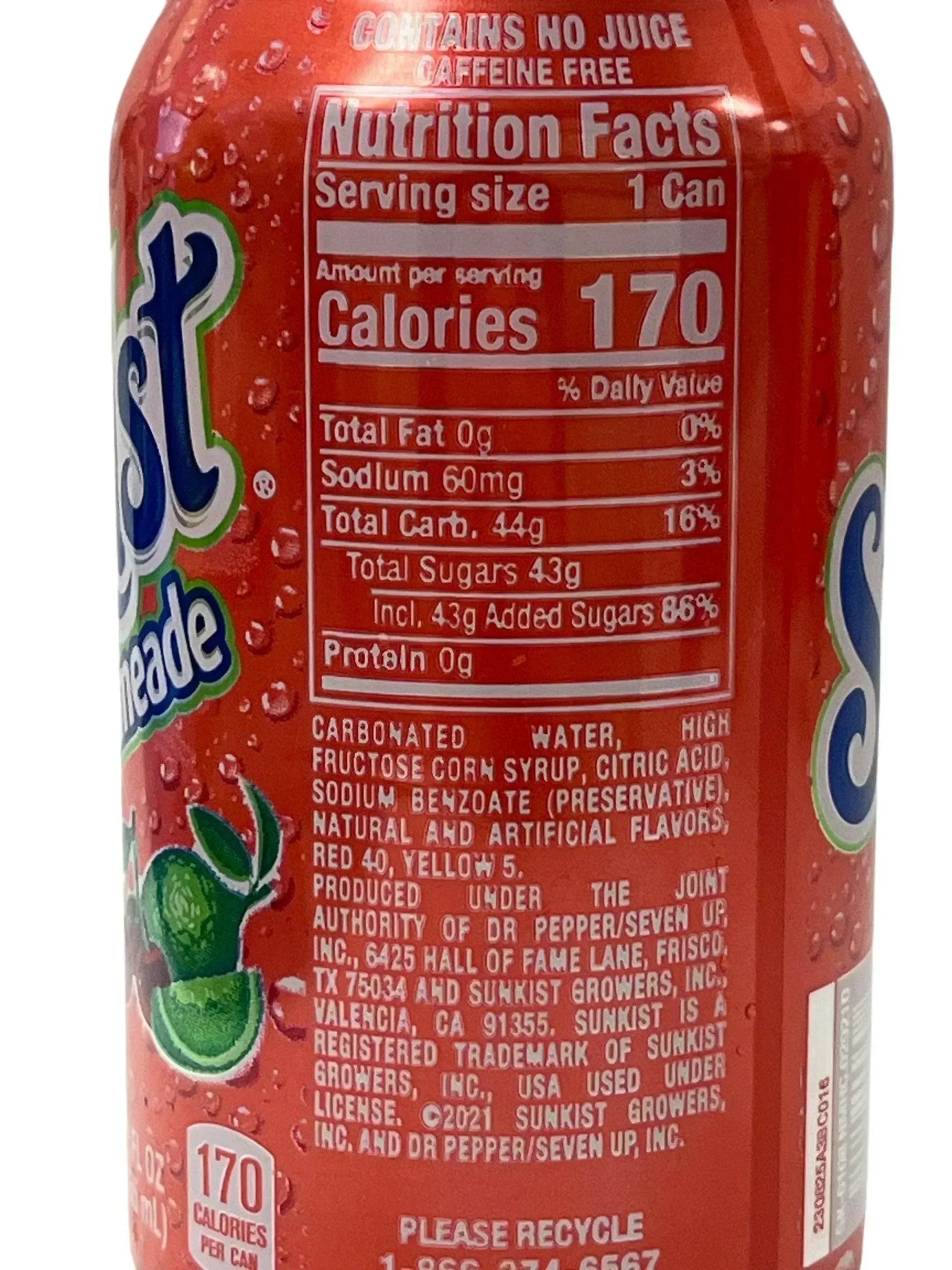 Close-up of orange soda can nutrition facts and ingredients label, showing calories and ingredients.
