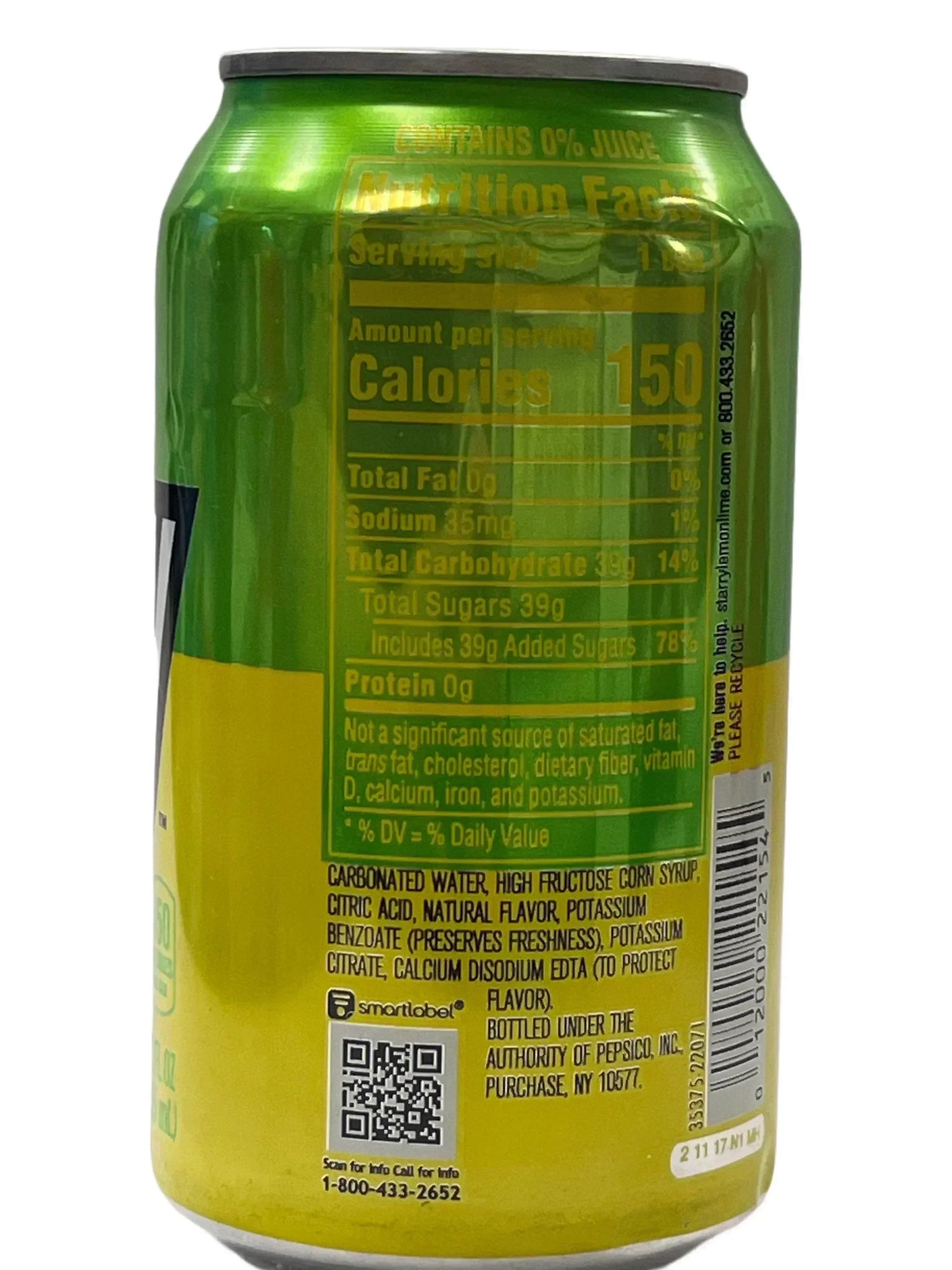 Back view of a green and yellow soda can showing nutrition facts and ingredients list.
