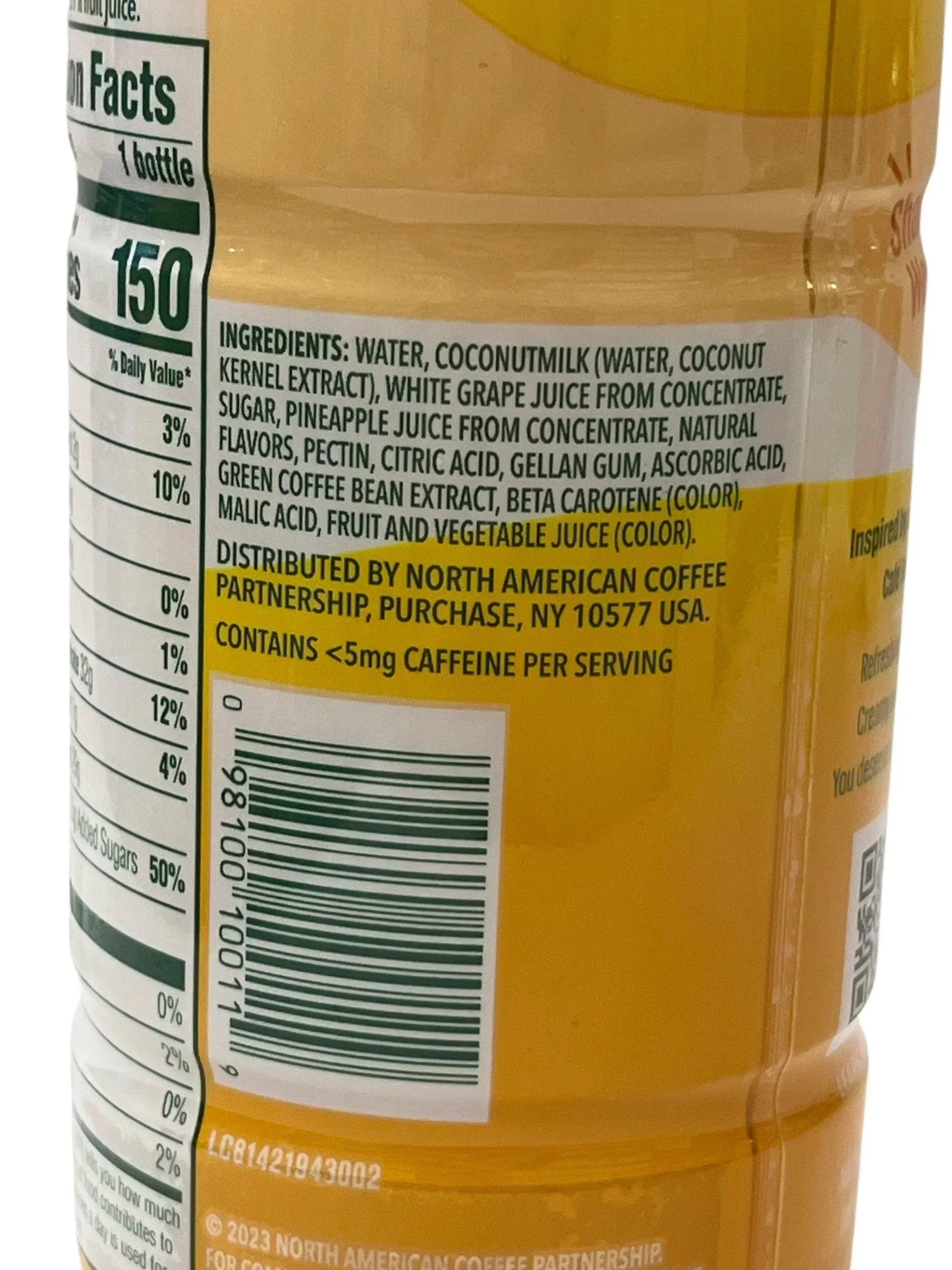 Close-up of exotic drink bottle label showing ingredients and nutrition facts