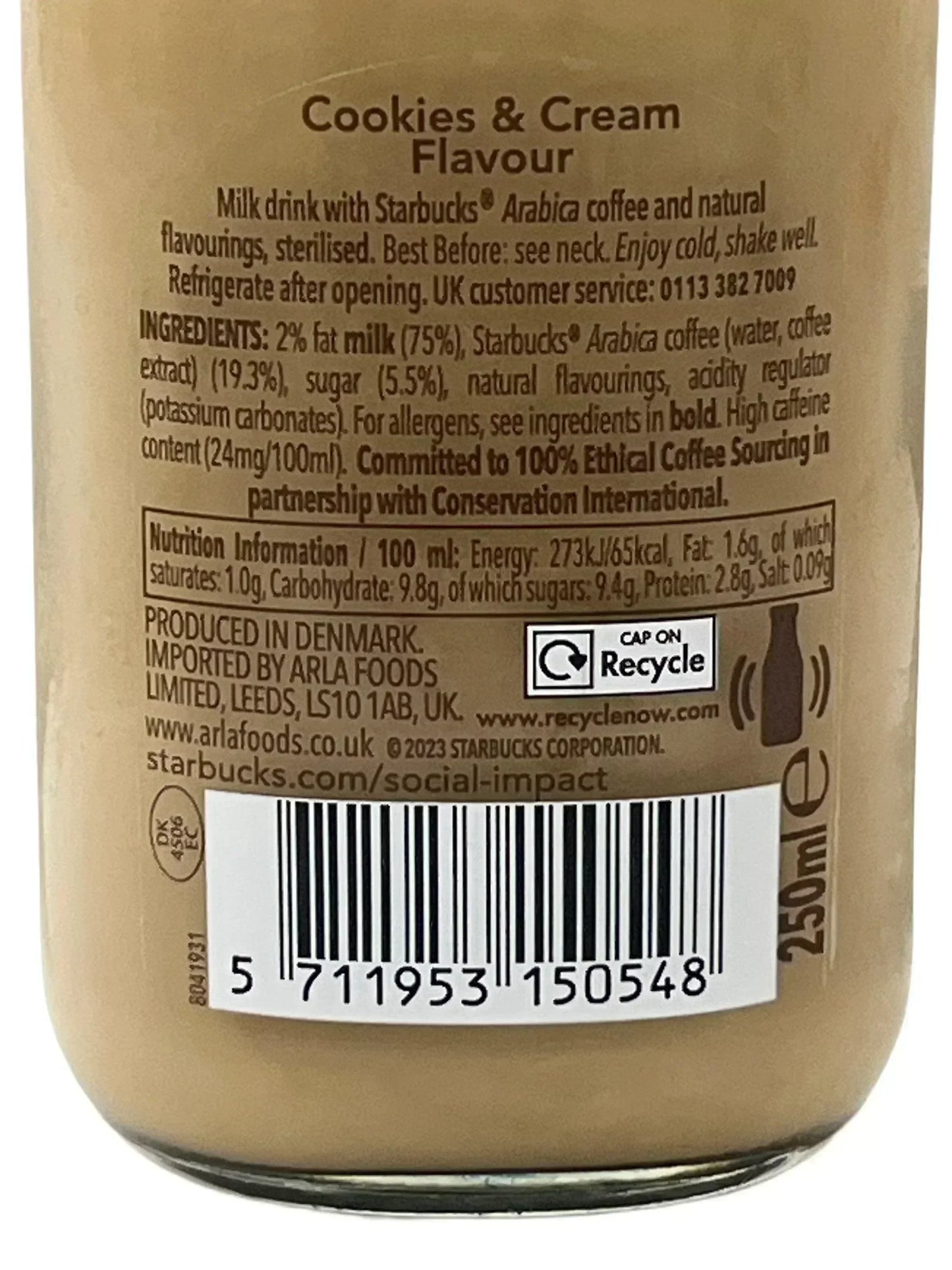 Starbucks Cookies & Cream Flavour milk drink label with ingredients, nutrition facts, and barcode