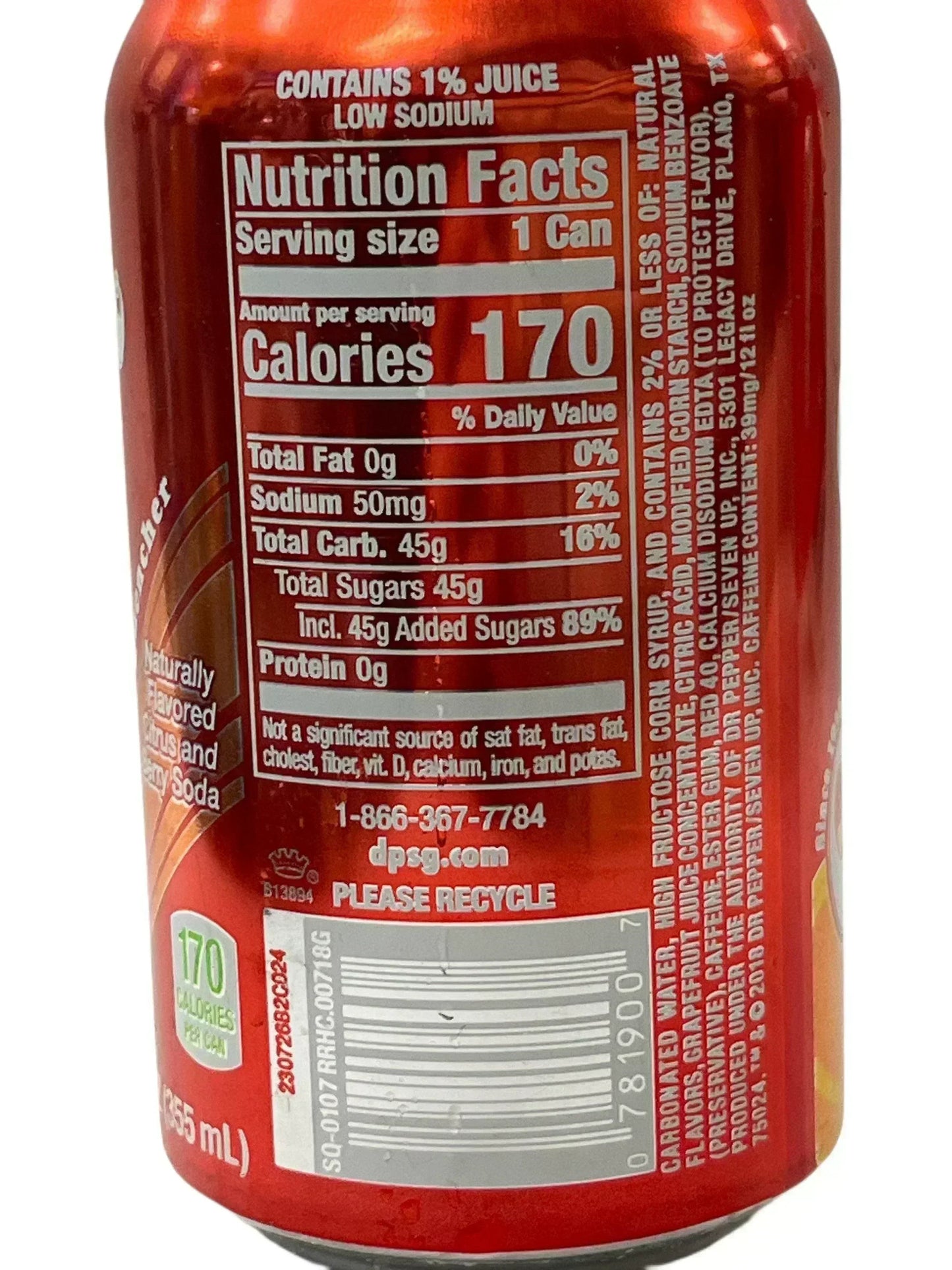 Close-up of the nutrition facts label on a citrus berry soda can, showing 170 calories per can.