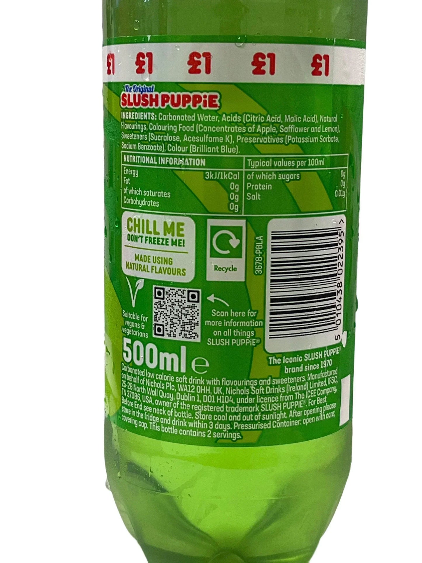 Back label of Slush Puppie green soft drink bottle, showing ingredients and nutritional info