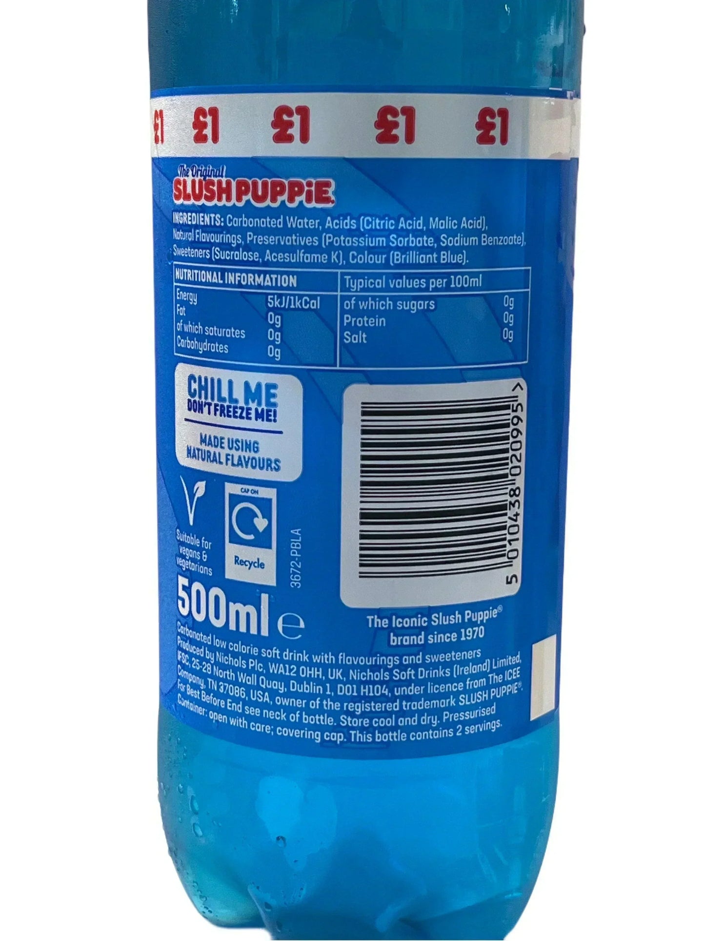 Close-up of Slush Puppie blue raspberry drink bottle label, 500ml, UK pricing, nutritional info