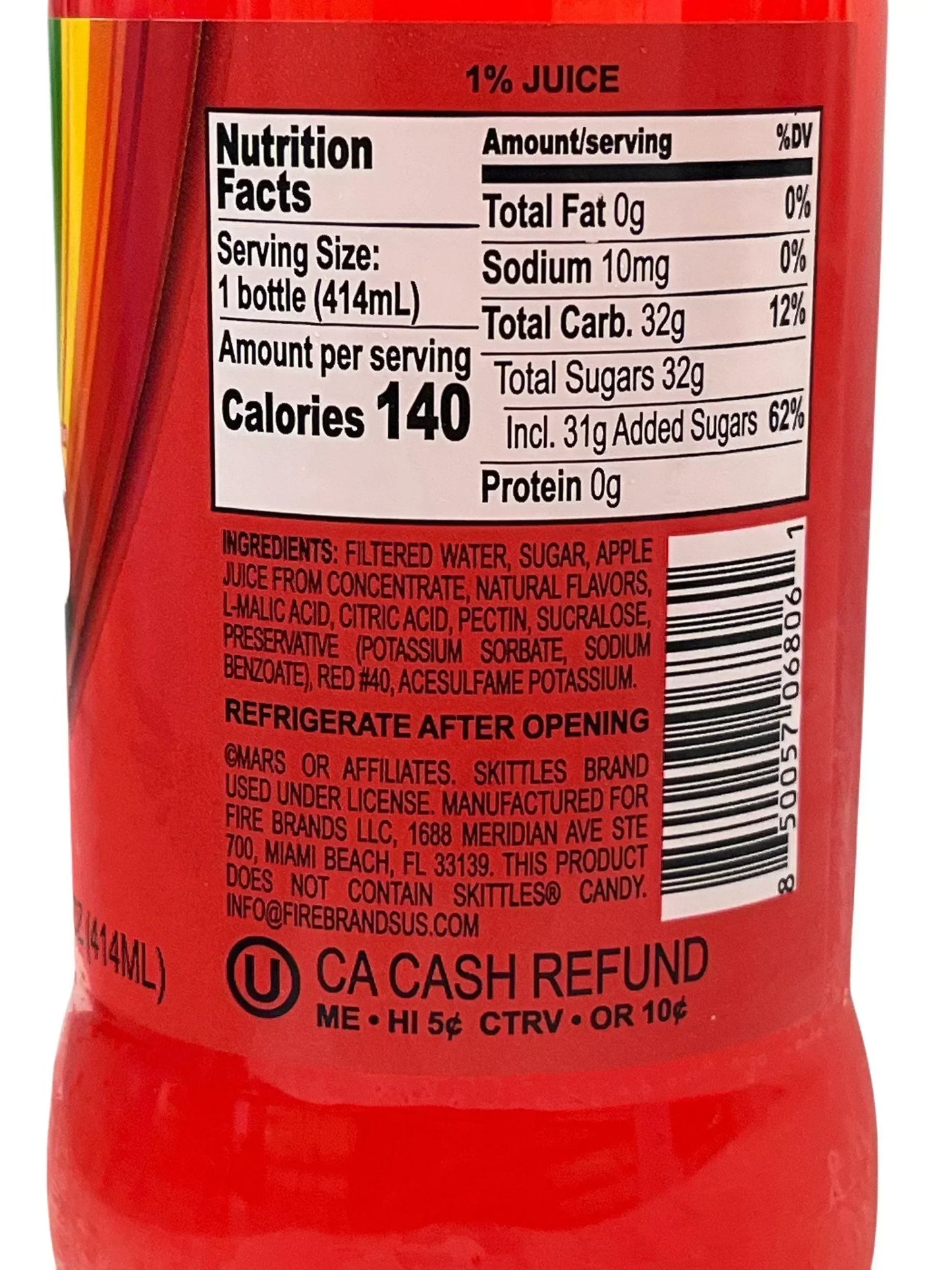 Close-up of exotic red drink nutrition facts and ingredients label, 414mL bottle
