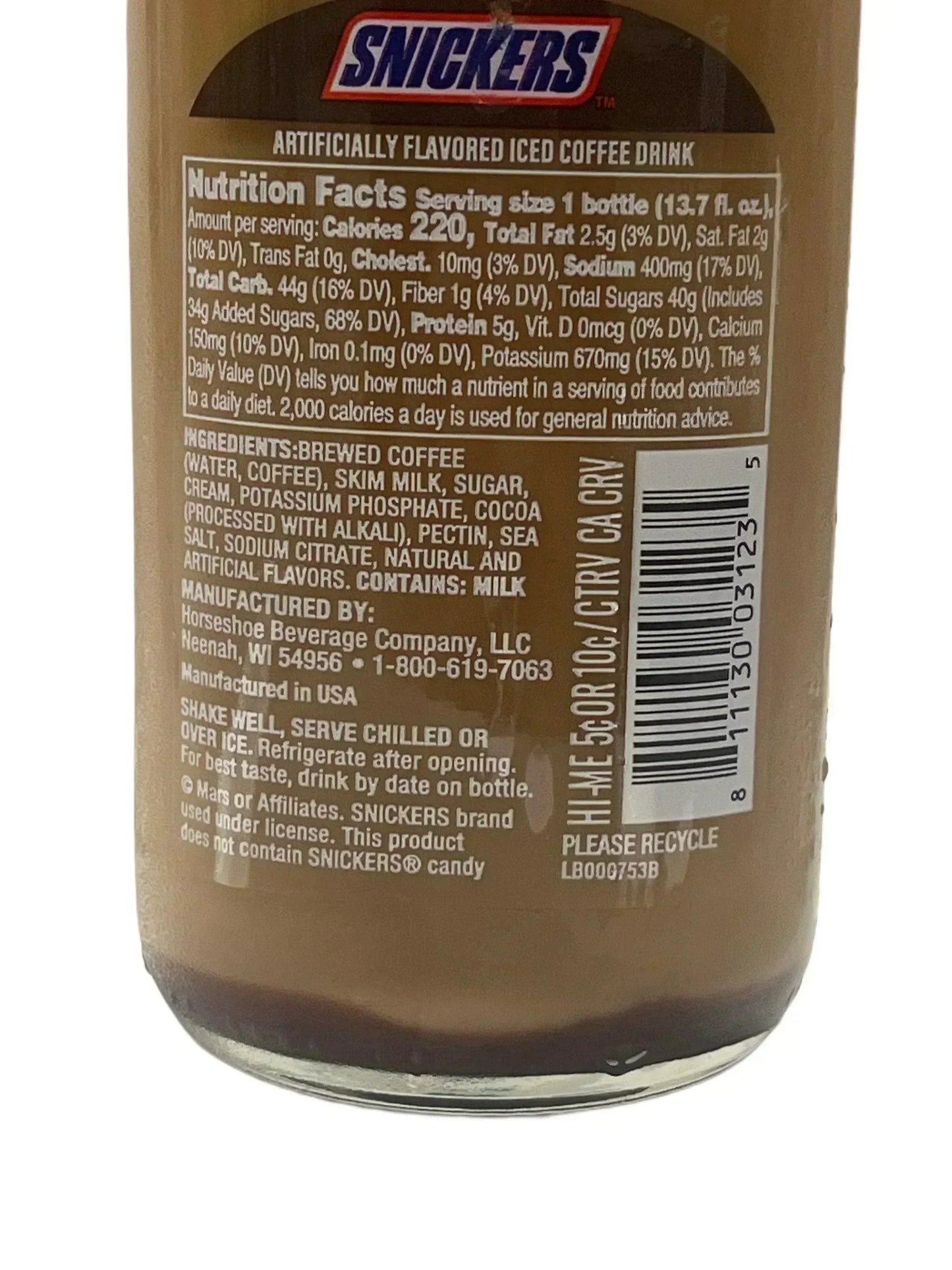Snickers iced coffee drink nutrition label and ingredients on bottle close-up