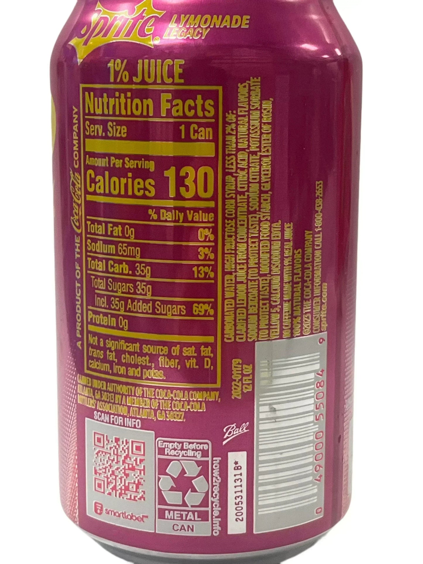 Sprite Lymonade Legacy can, close-up of nutrition facts and ingredients, exotic drink product