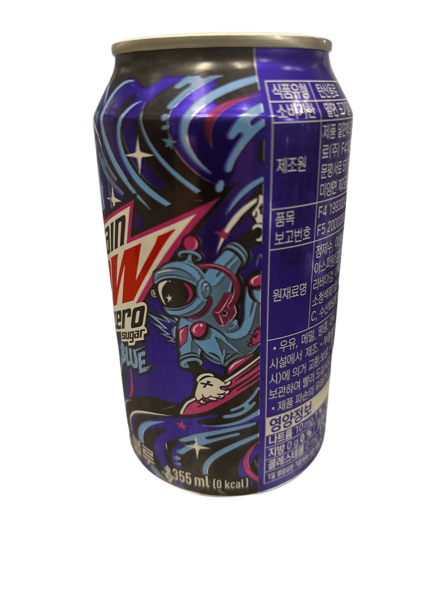 Mountain Dew Zero Sugar Blue soda can with a space-themed astronaut design, Korean text, 355ml.