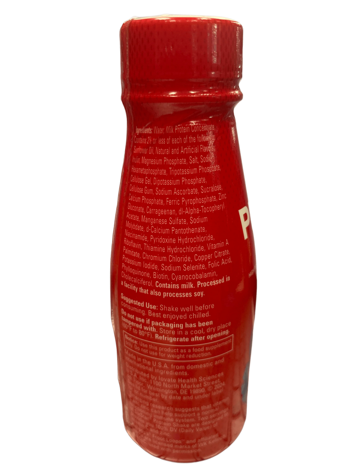 Red protein drink bottle with ingredient and usage information, exotic snack import.