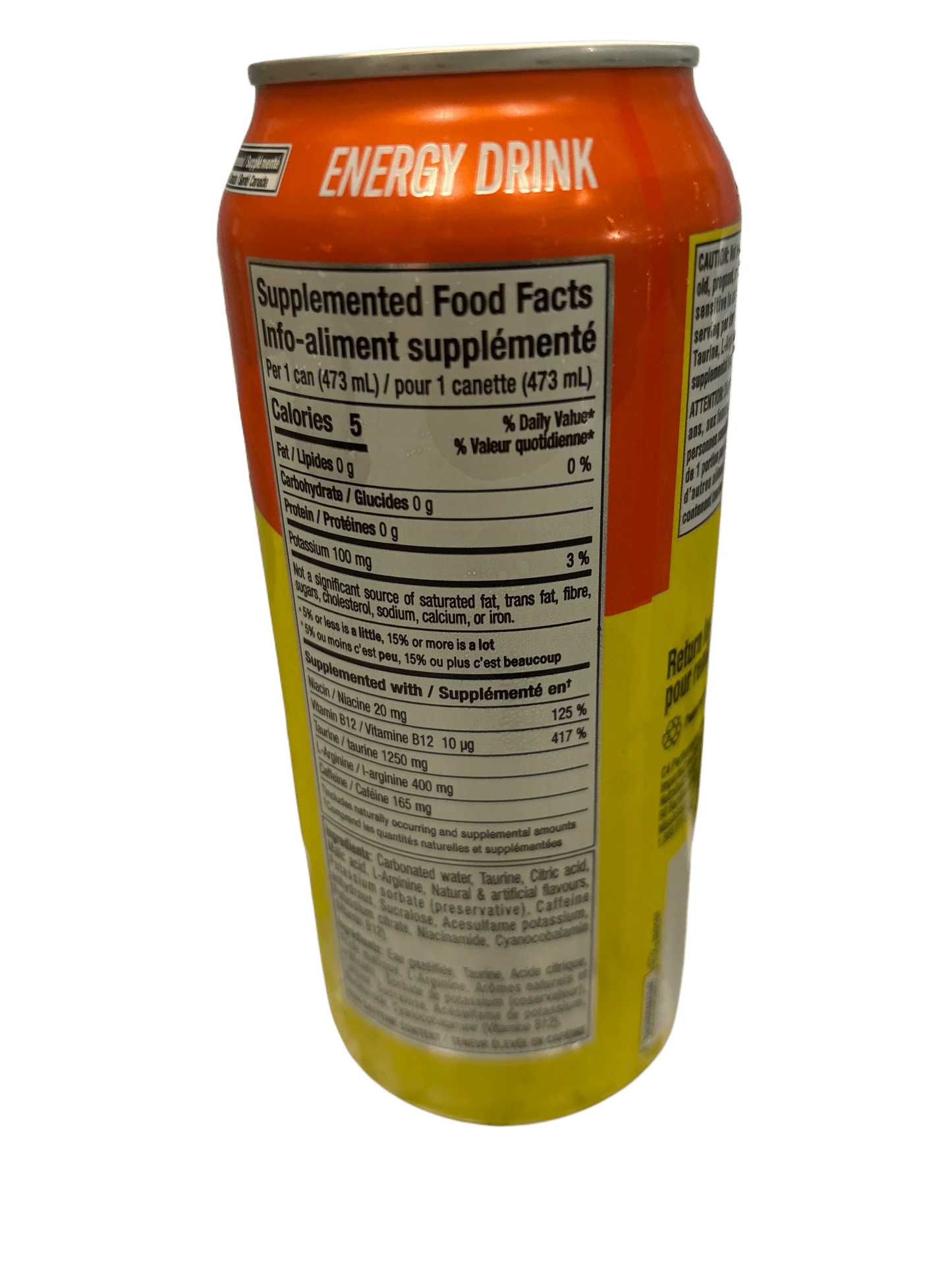 Orange and yellow exotic energy drink can with nutrition facts label, imported beverage