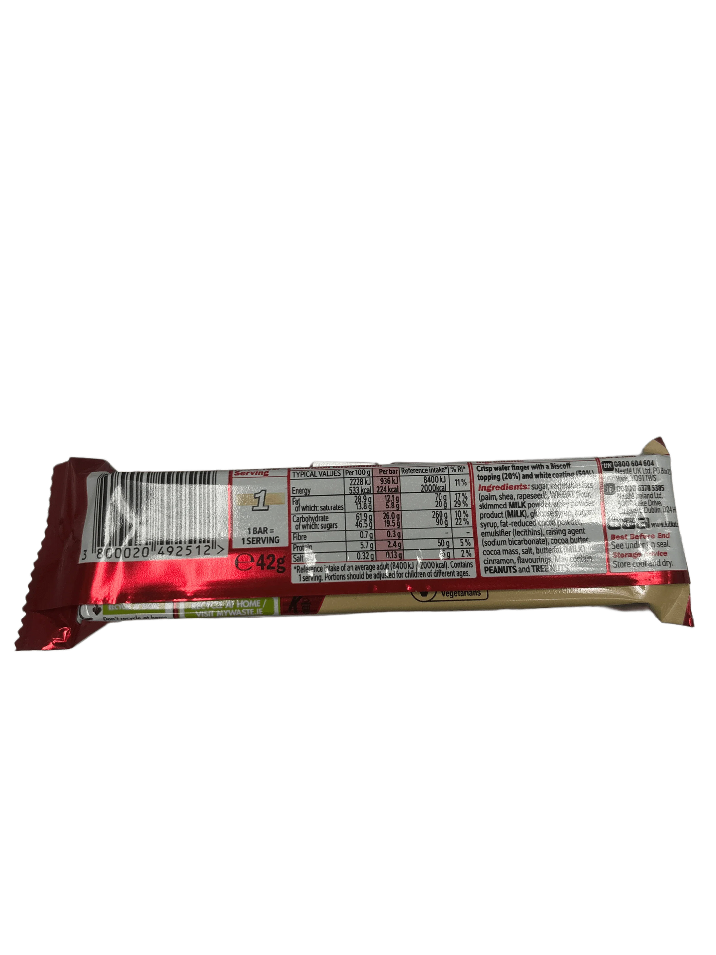 Back of imported chocolate snack bar showing nutrition and ingredients information