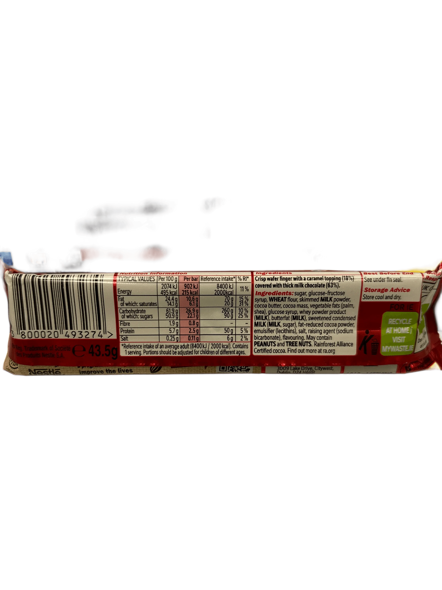 Back of chocolate wafer snack bar package showing nutrition facts and ingredients.