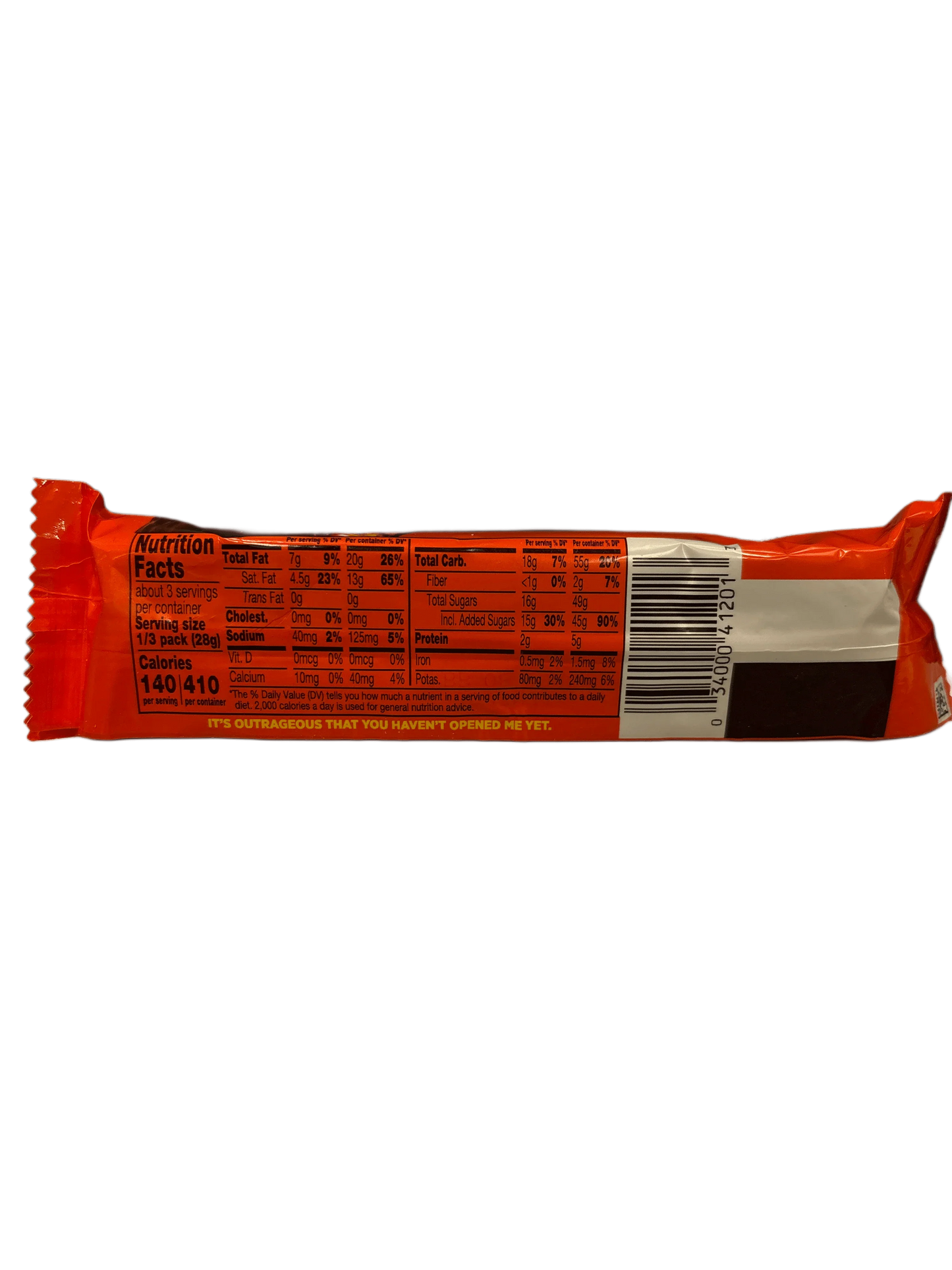 Back of exotic candy bar showing detailed nutrition facts on orange packaging