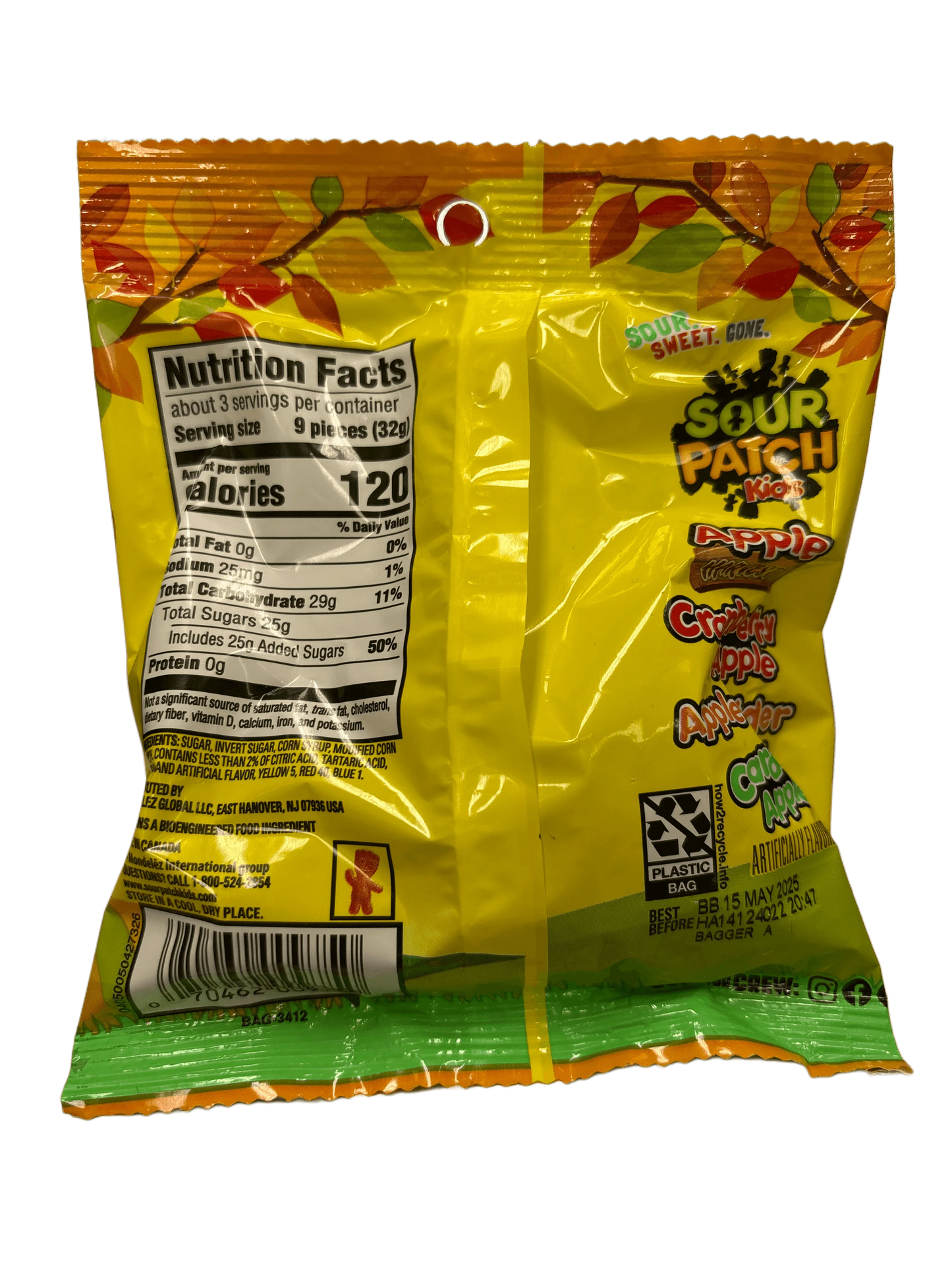 Back of Sour Patch Kids candy bag with nutrition facts and colorful apple-themed design
