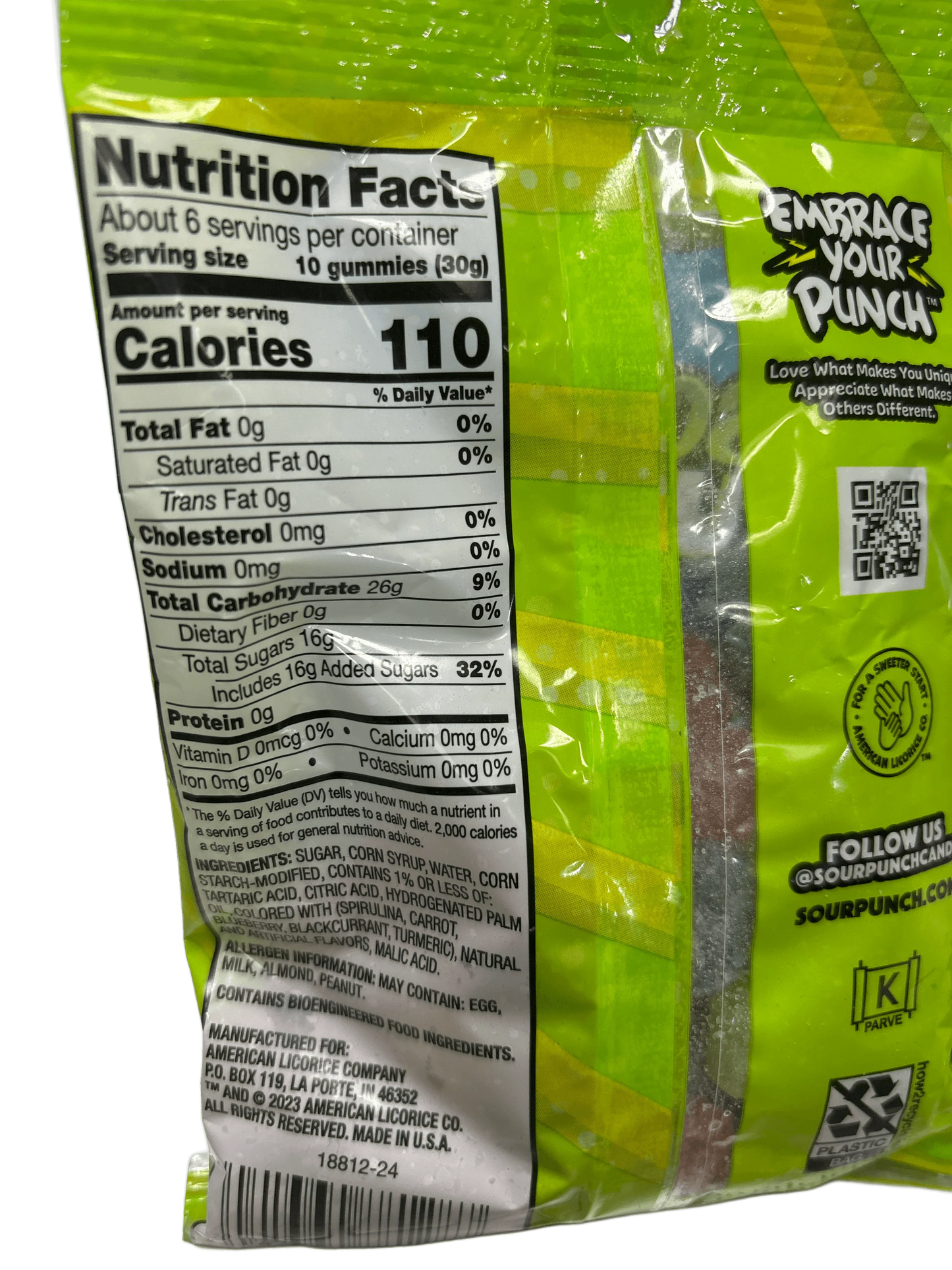Back of imported candy bag showing nutrition facts, ingredient list, and branding on green packaging.