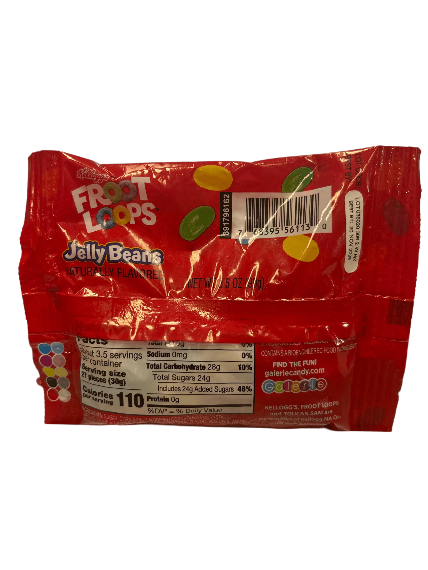 Froot Loops Jelly Beans candy package with nutrition facts and colorful jelly beans on back