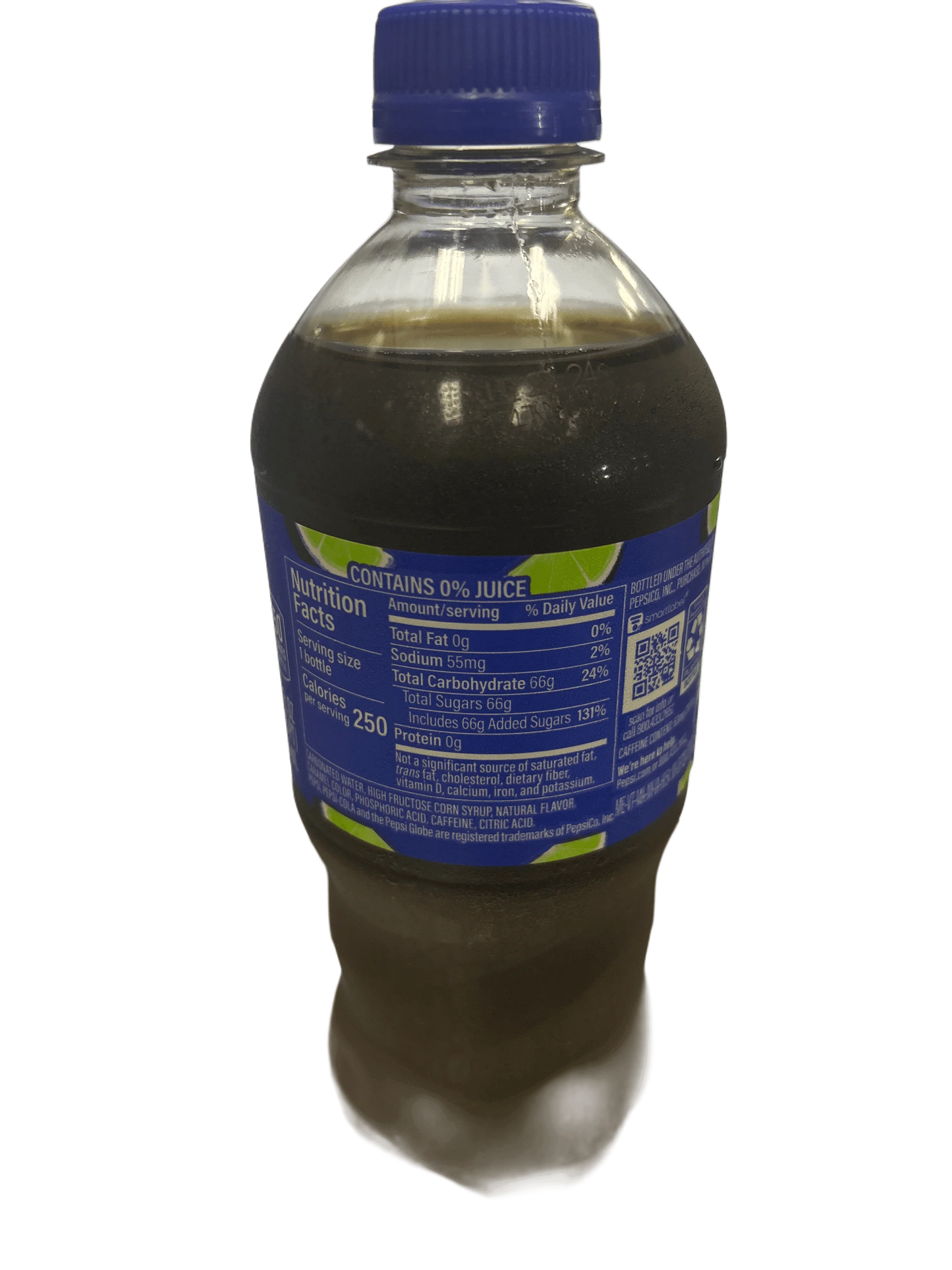 Plastic bottle of dark soda with blue cap and nutrition facts label, imported exotic drink