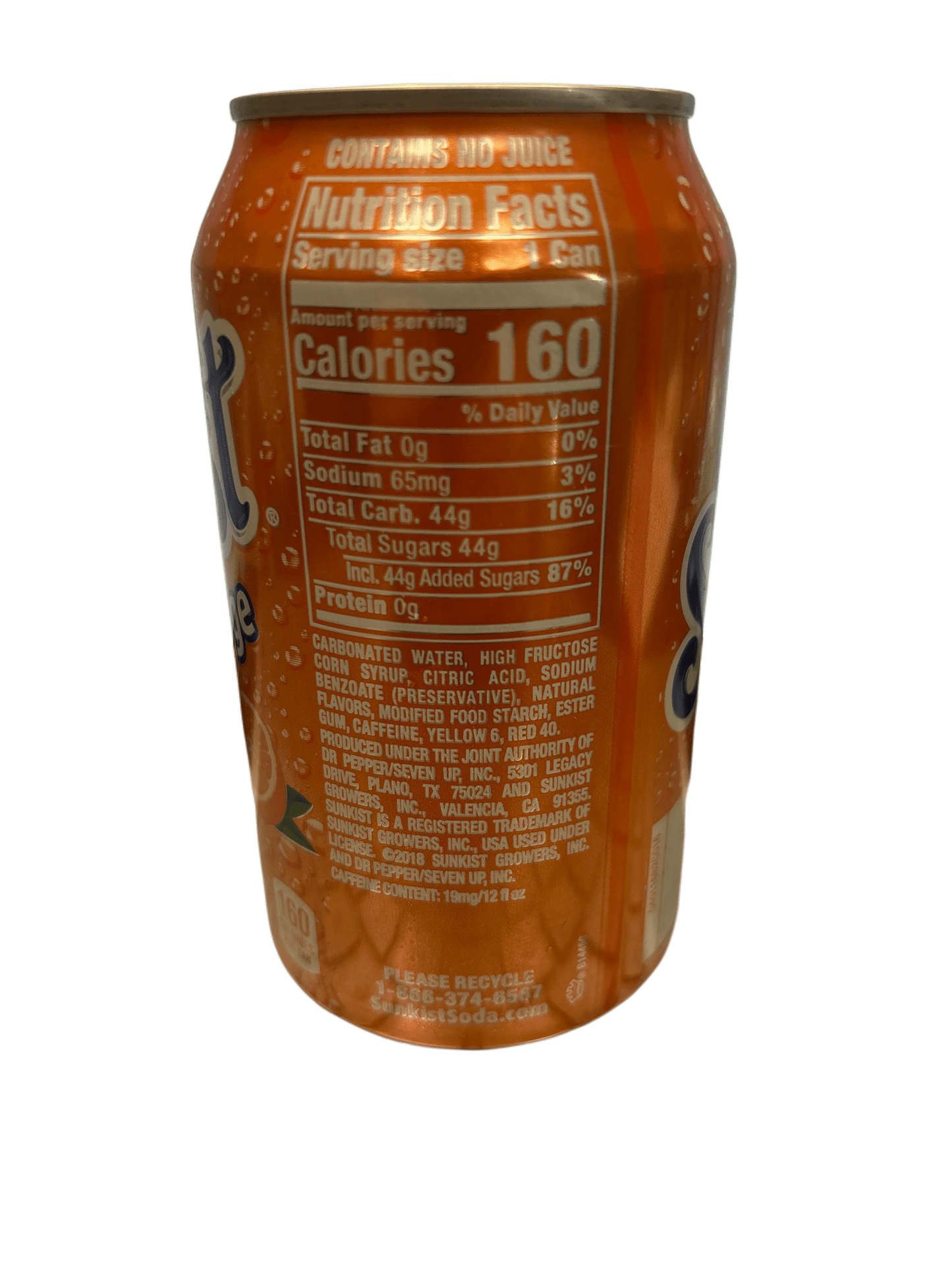 Orange soda can with nutrition facts and ingredients label visible