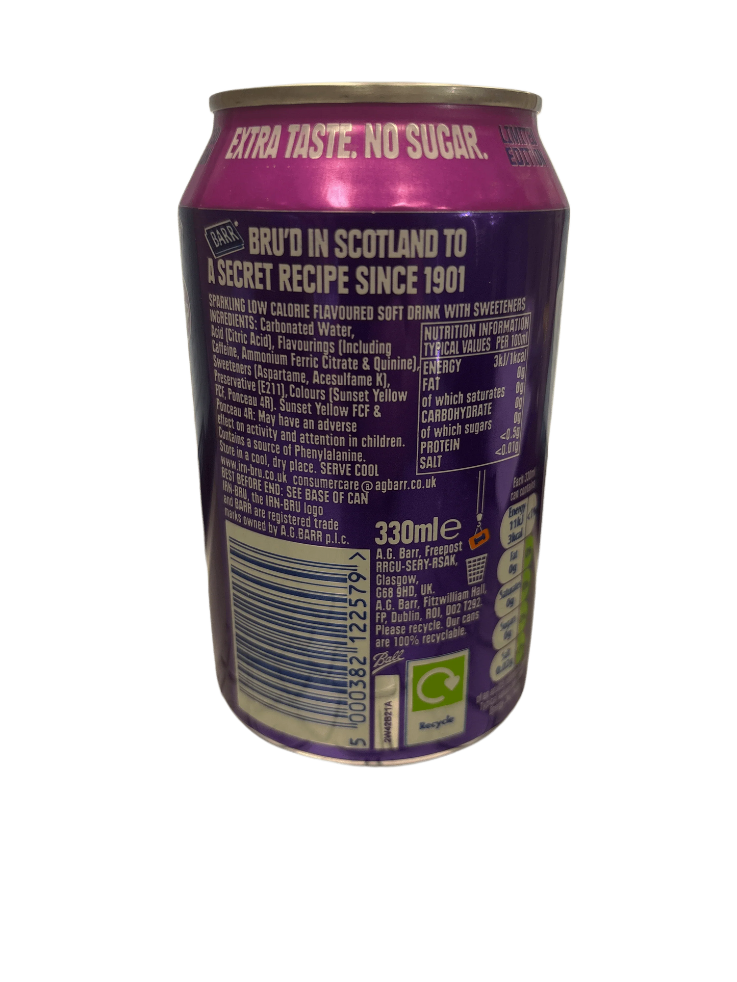 Purple can of Scottish zero sugar soft drink with nutrition and ingredients label visible.