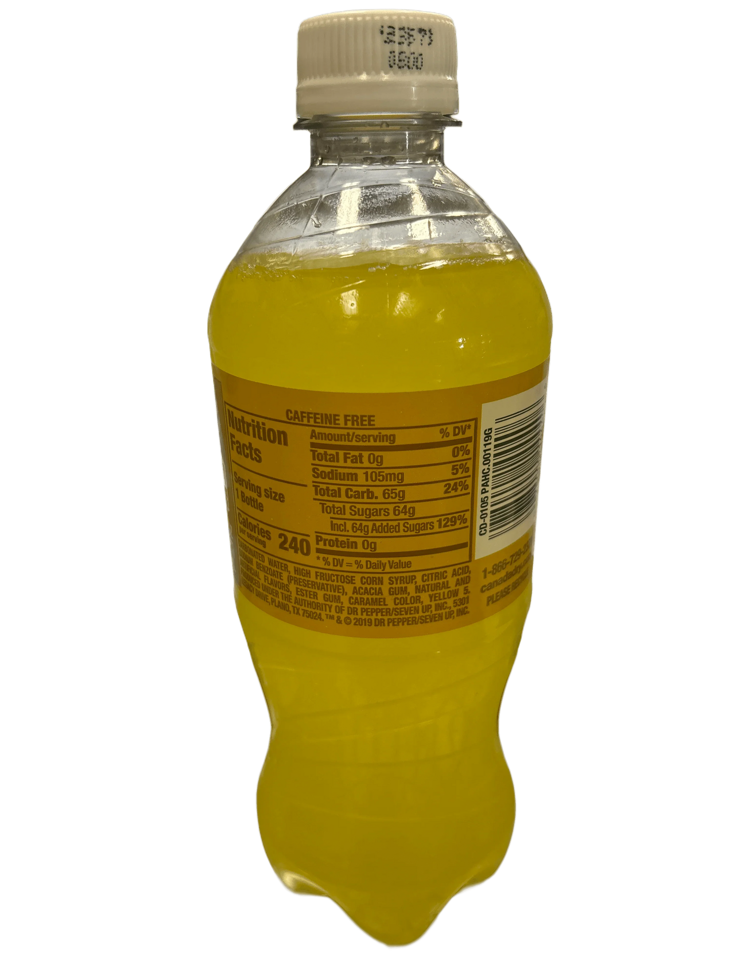 Imported yellow soda bottle with nutrition facts, exotic soft drink, global snacks