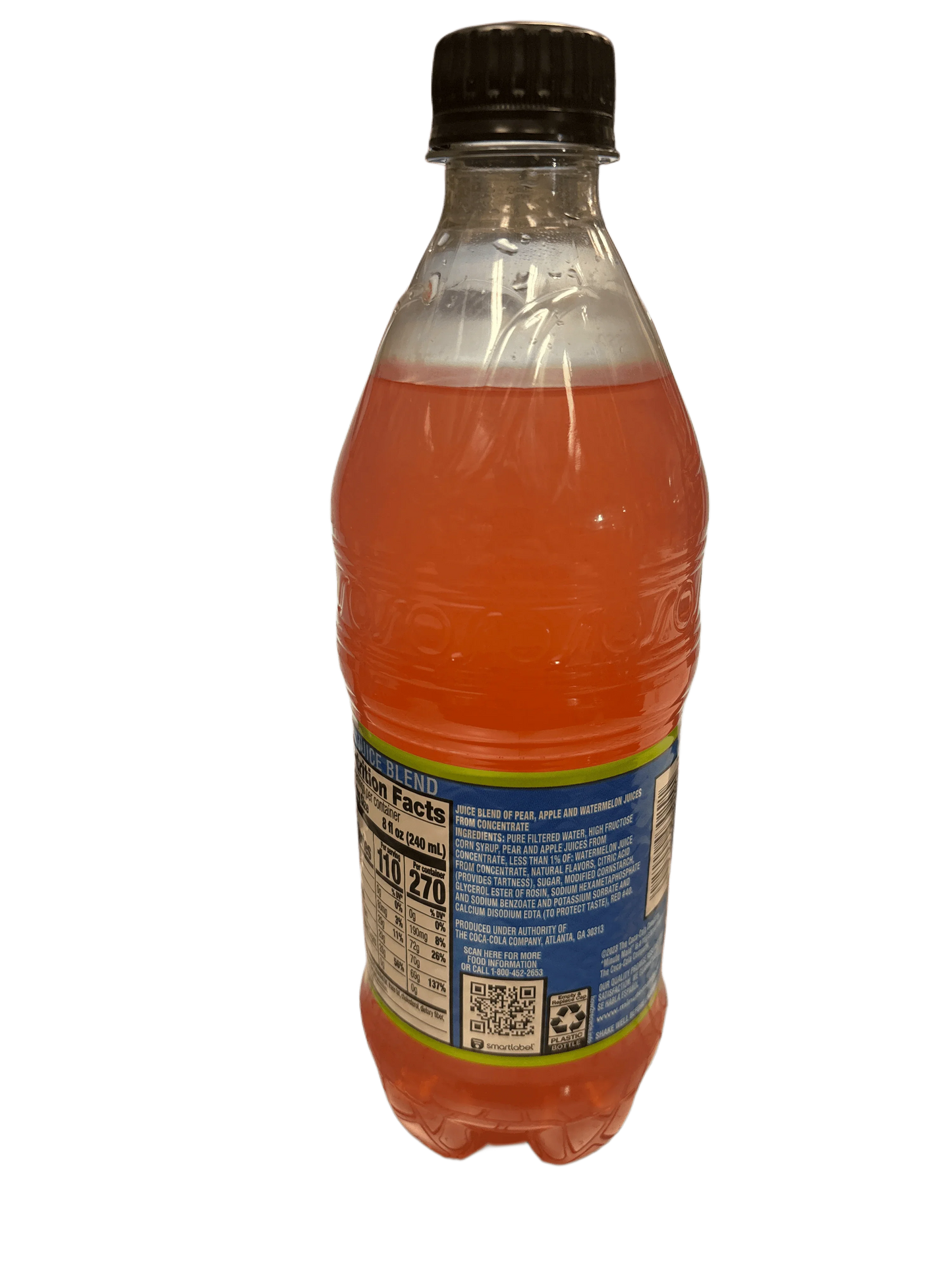 Exotic orange fruit juice drink in plastic bottle with nutrition label visible