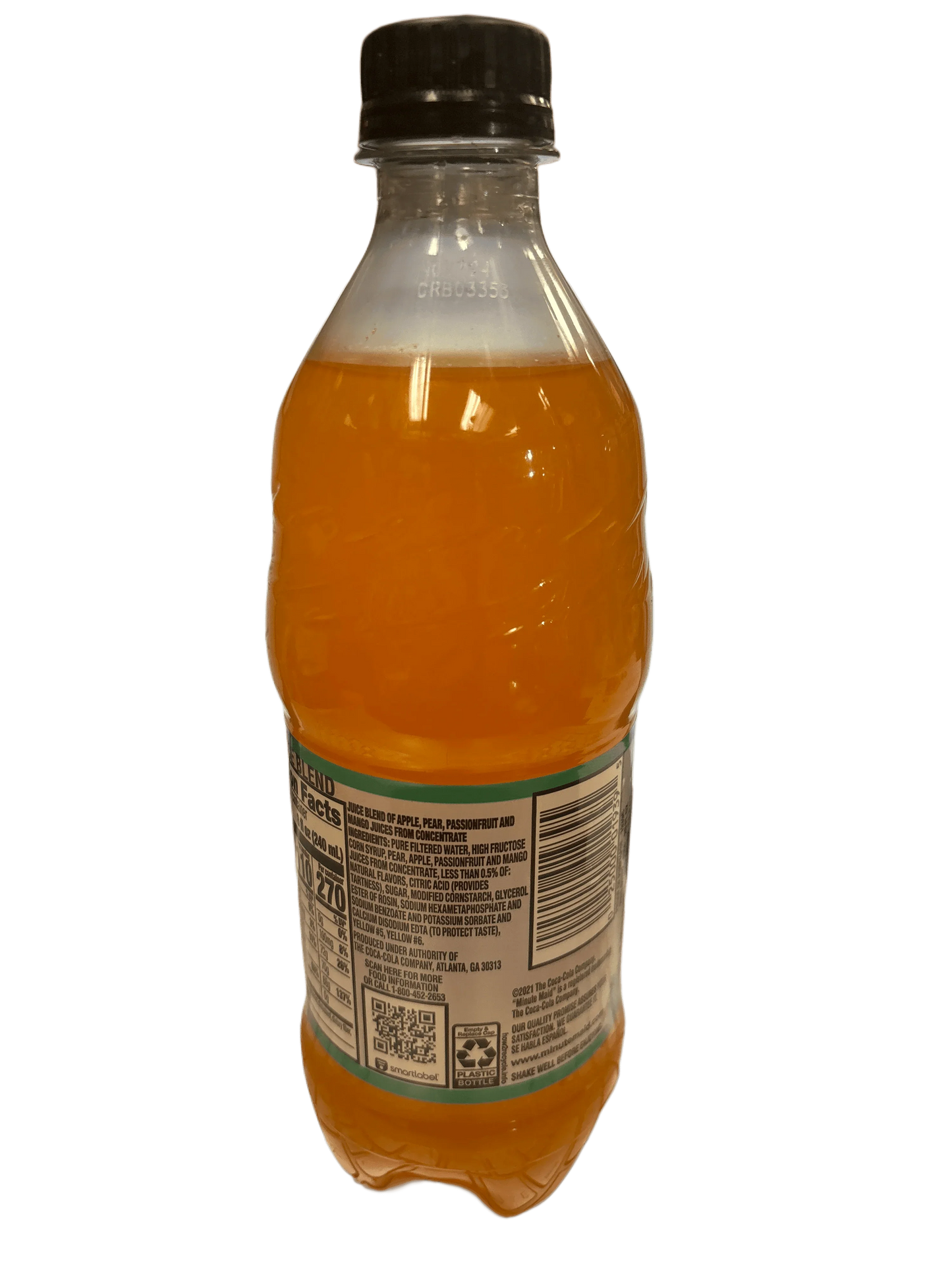 Imported exotic orange soda bottle with black cap and nutrition label visible